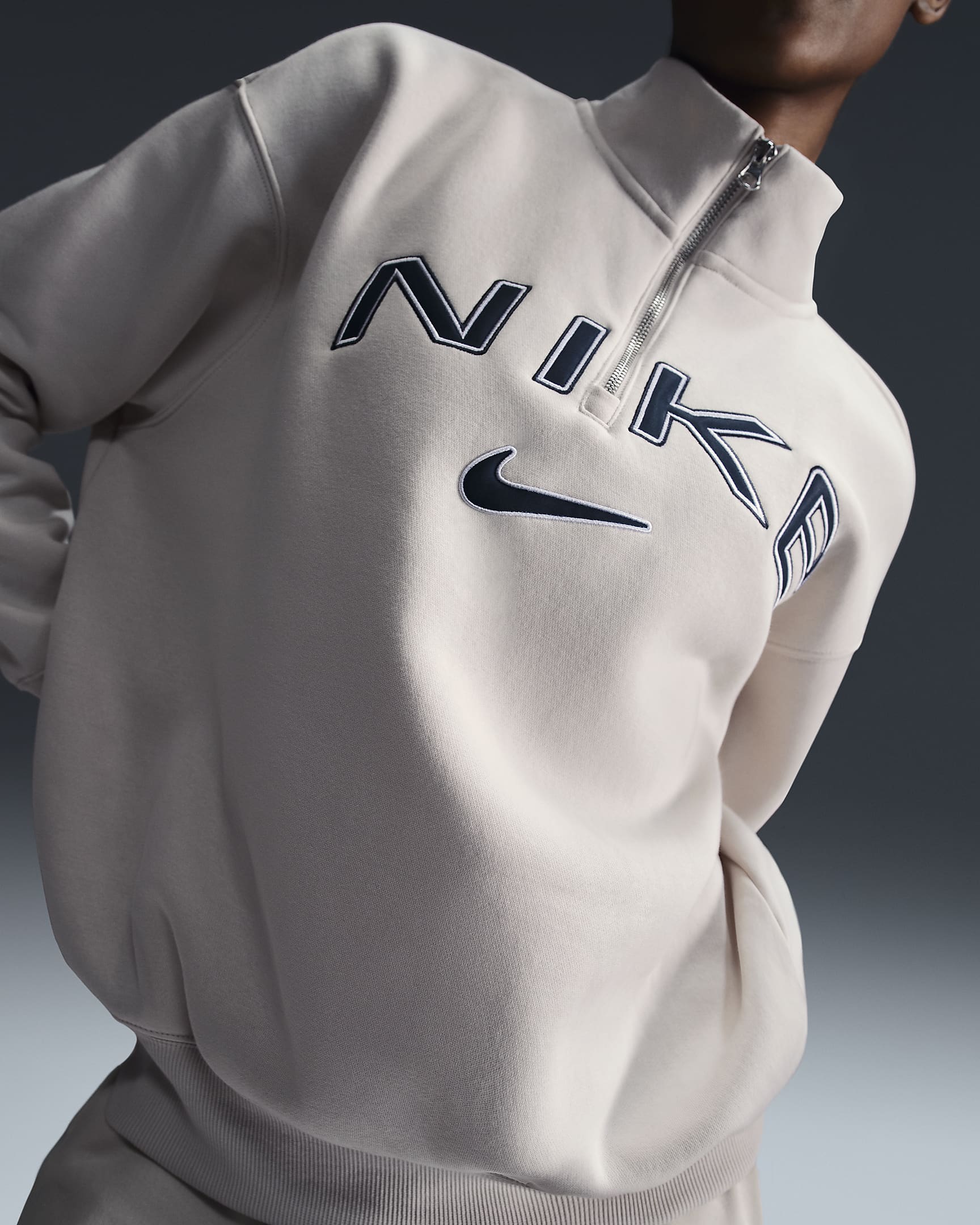 Nike Sportswear Phoenix Fleece Women's Oversized 1/4-Zip Logo Top - Light Orewood Brown/White/Armory Navy