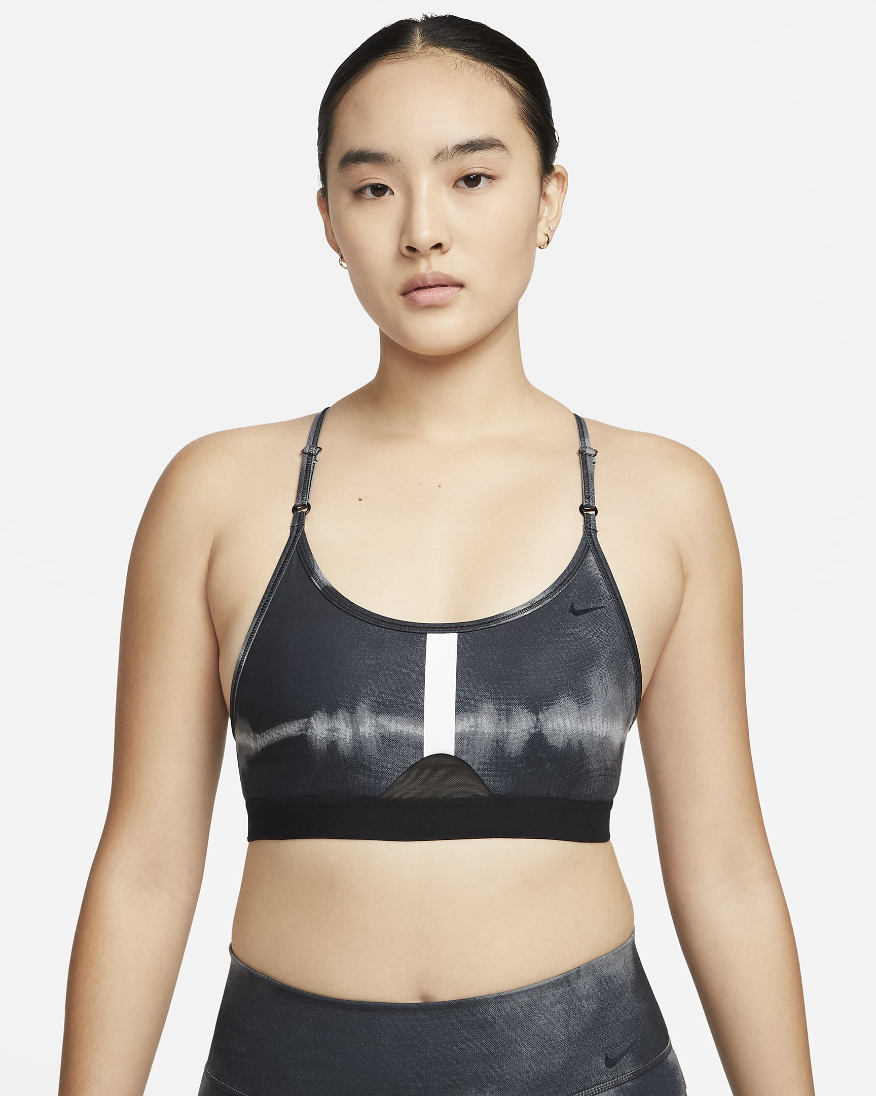 Nike Indy Women's Light-Support Padded All-Over Print Sports Bra - Black/White/Black/Clear
