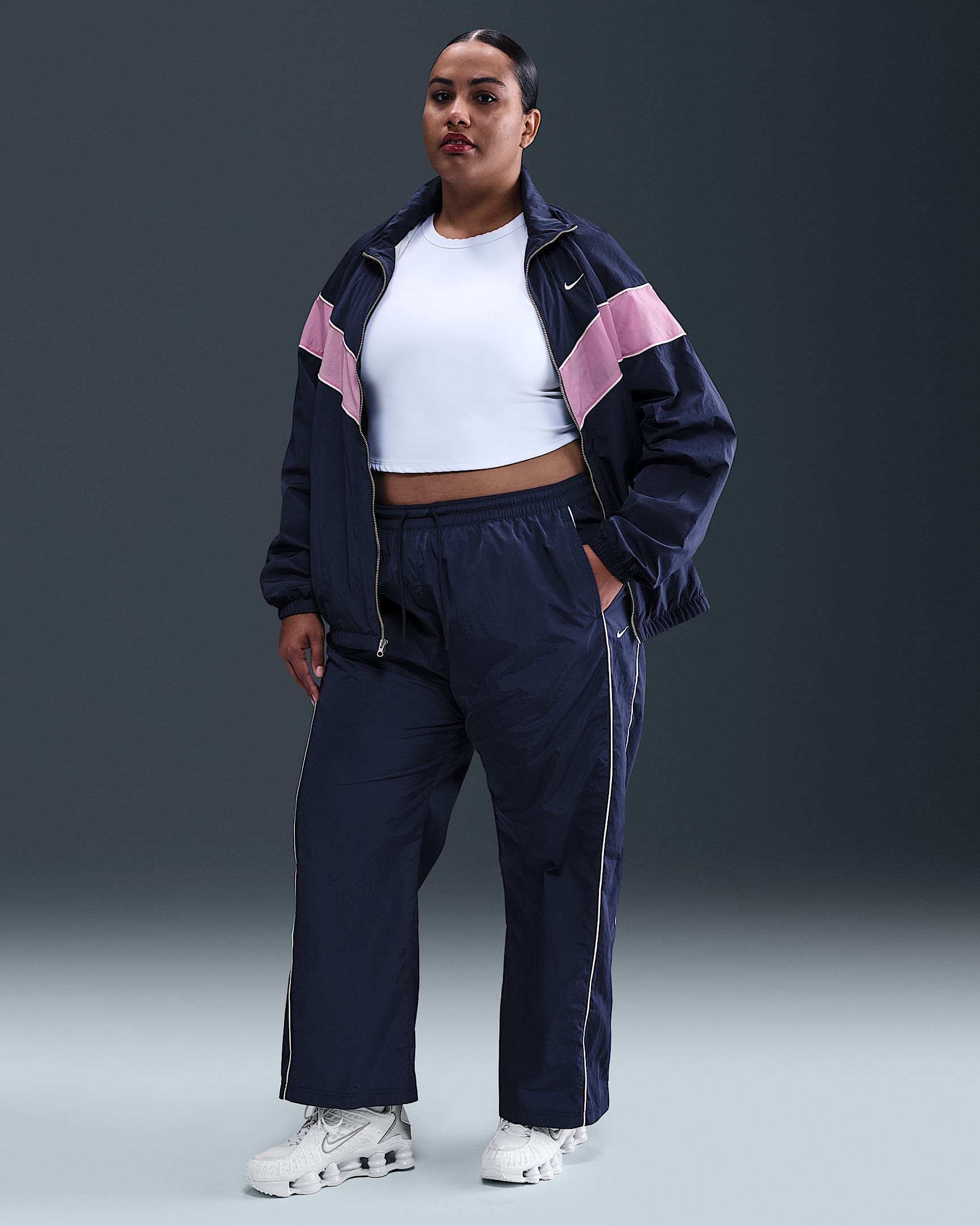Nike Windrunner Women's High-Waisted Woven Open-Hem Pants (Plus Size) - Midnight Navy/Sail/Sail