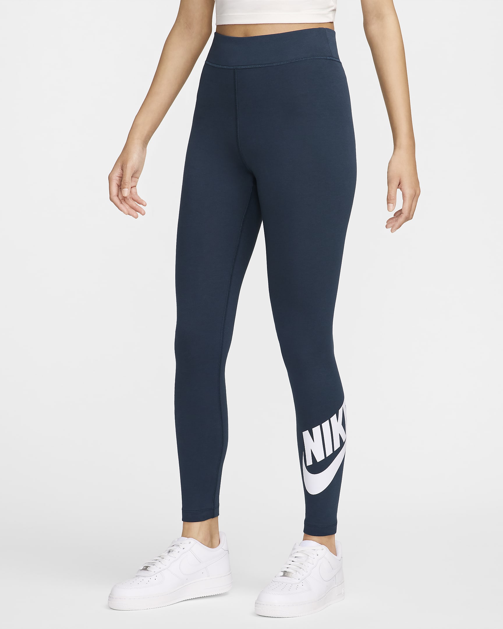 Leggings de cintura alta con gráficos para mujer Nike Sportswear Classics - Azul marino militar/Blanco