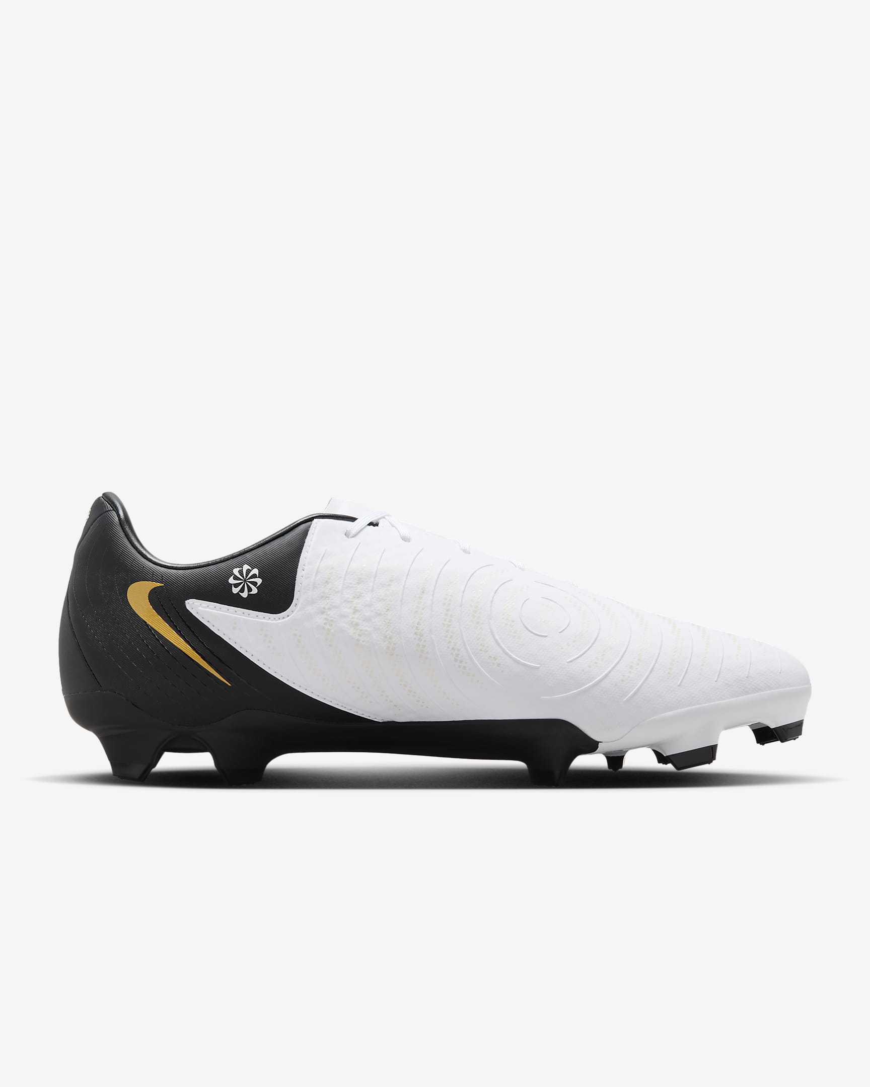 Chuteiras de futebol de perfil baixo MG Nike Phantom GX 2 Academy - Branco/Dourado Coin metalizado/Preto