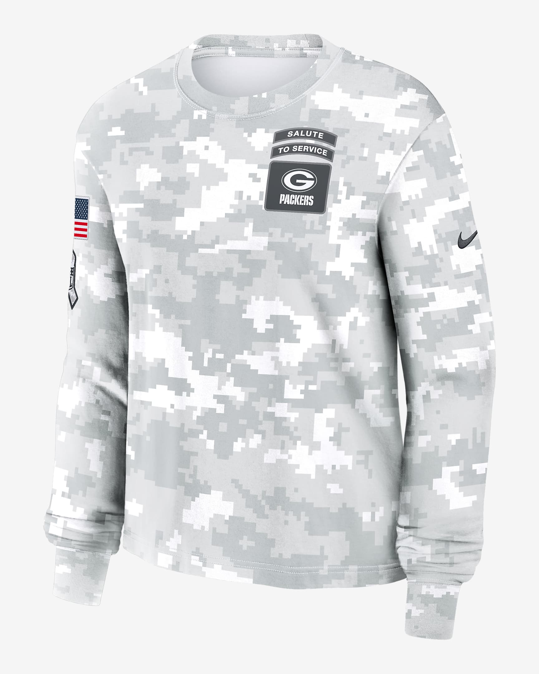 Green Bay Packers Salute to Service Edge Lockup Women's Nike Dri-FIT NFL Long-Sleeve T-Shirt - White
