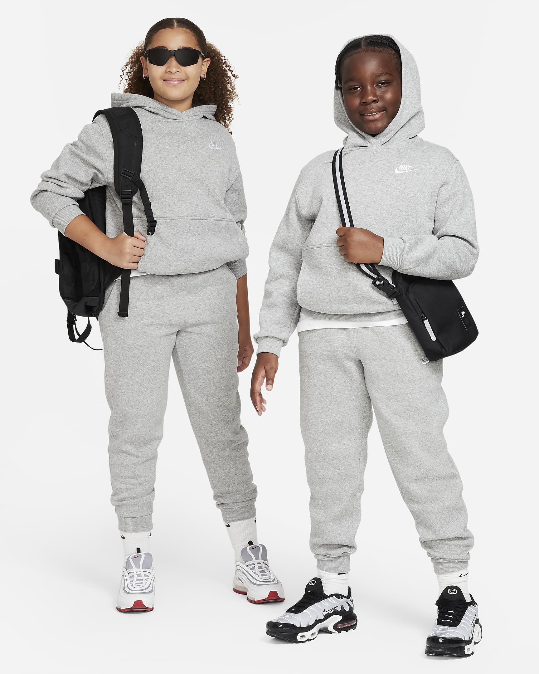 Nike Sportswear Club Fleece Big Kids' Pullover Hoodie (Extended Size) - Dark Grey Heather/White