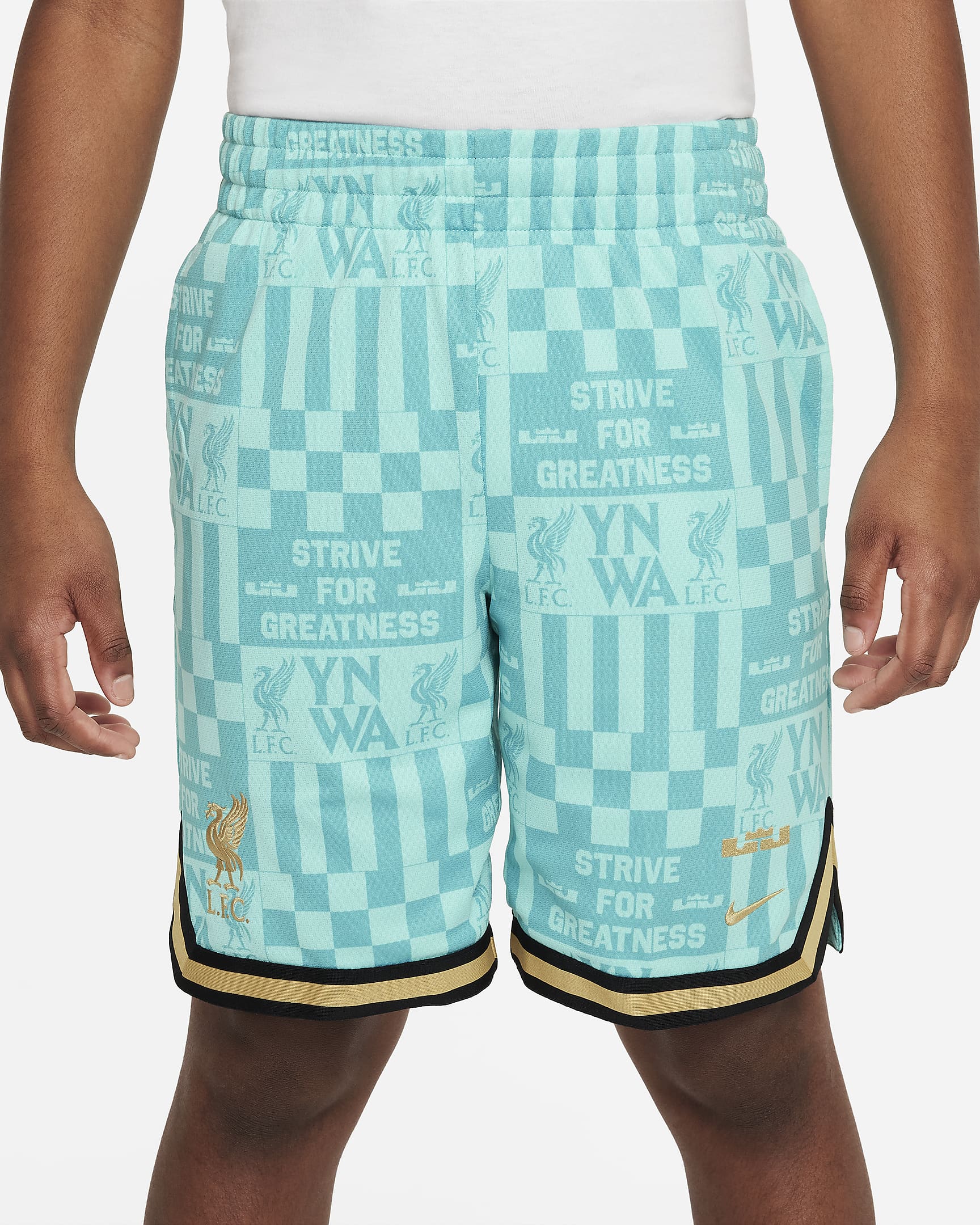 Shorts de básquetbol Nike DNA para niños talla grande LeBron x Liverpool FC - Toque tropical/Azul verdoso lavado/Oro genuino