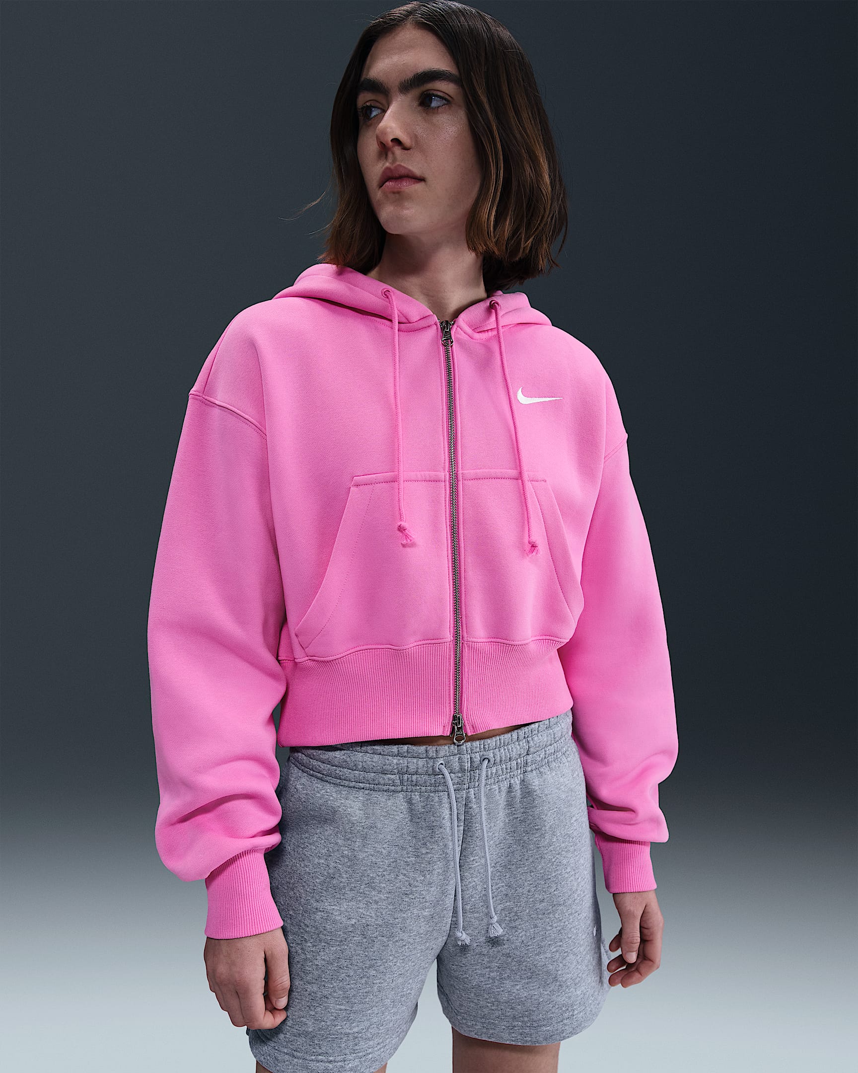 Sudadera con gorro holgada cropped con cierre completo para mujer Nike Sportswear Phoenix Fleece - Rosa alegre/Vela
