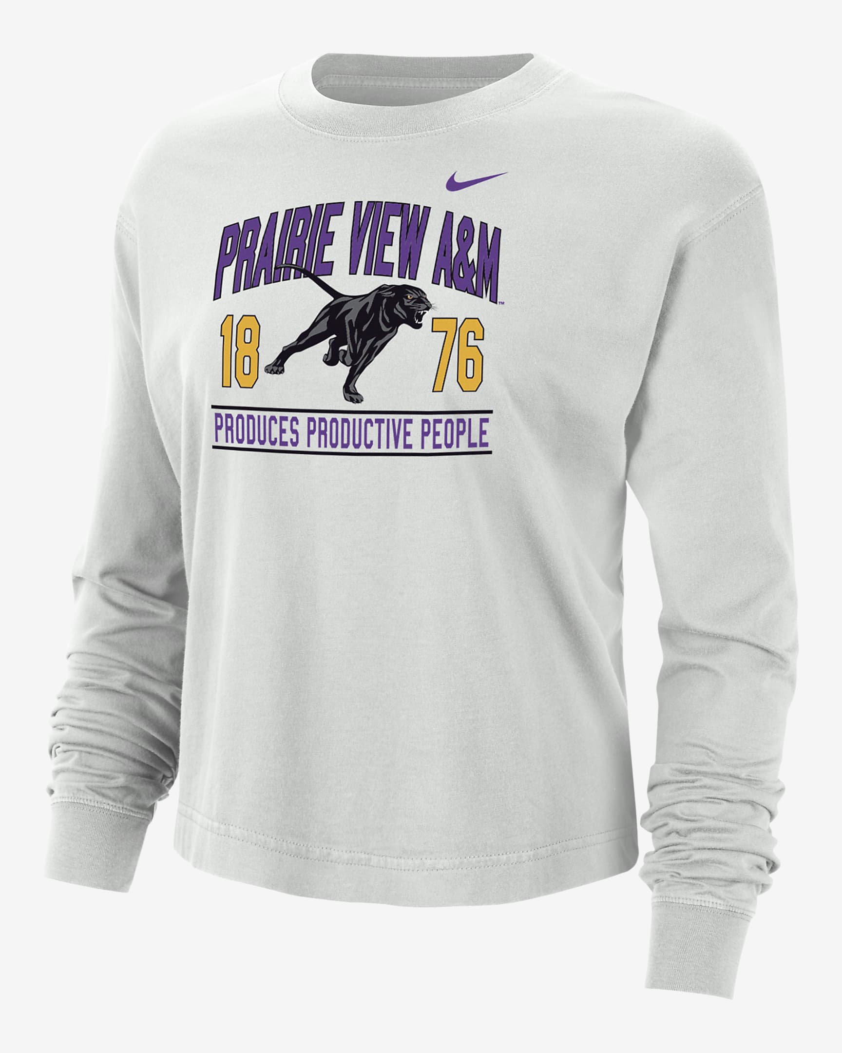 Playera de manga larga universitaria Nike de corte cuadrado para mujer Prairie View A&M - Polvo fotón