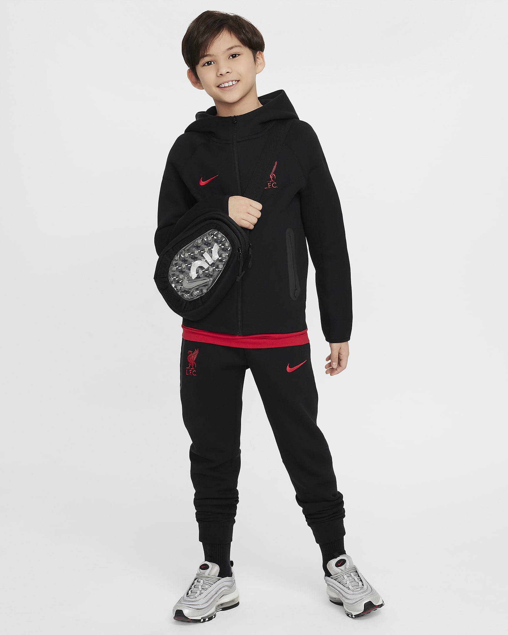 Liverpool FC Tech Fleece Nike Football bukse til store barn (gutt) - Svart/Svart/Gym Red