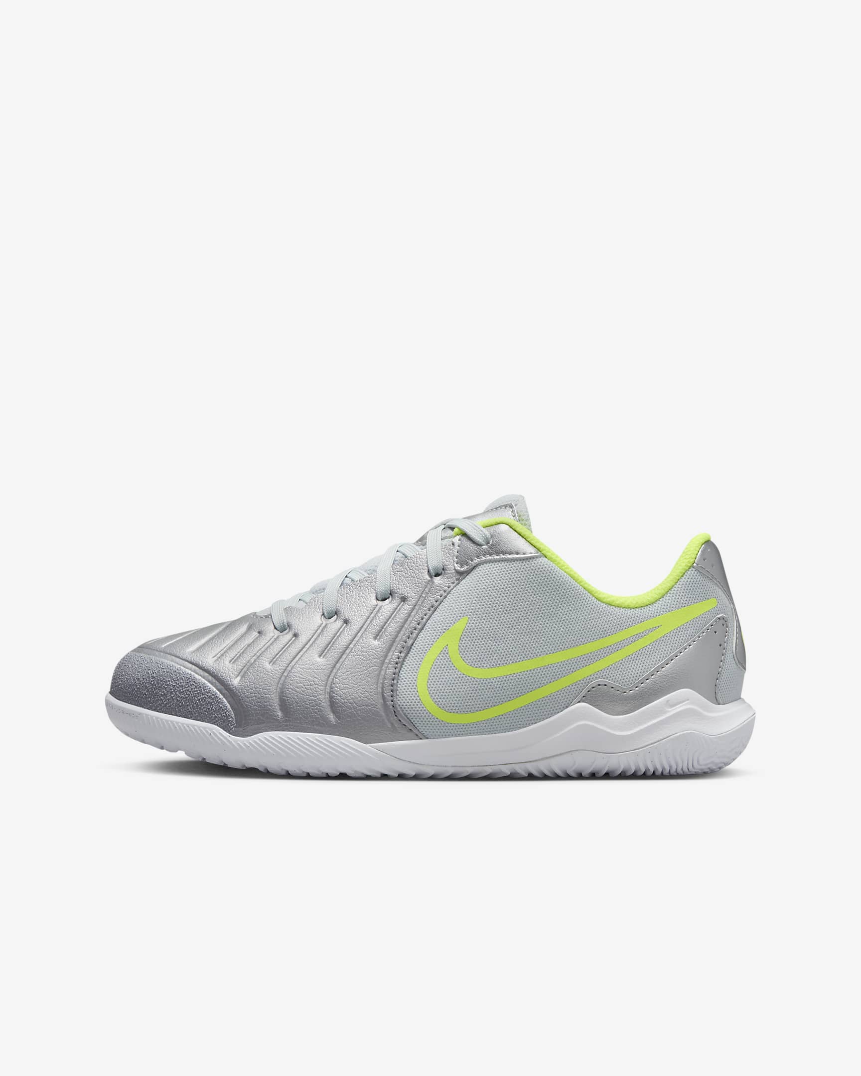 Nike Jr. Tiempo Legend 10 Academy Younger/Older Kids' Indoor Court Low-Top Football Shoes - Metallic Silver/Volt/Black