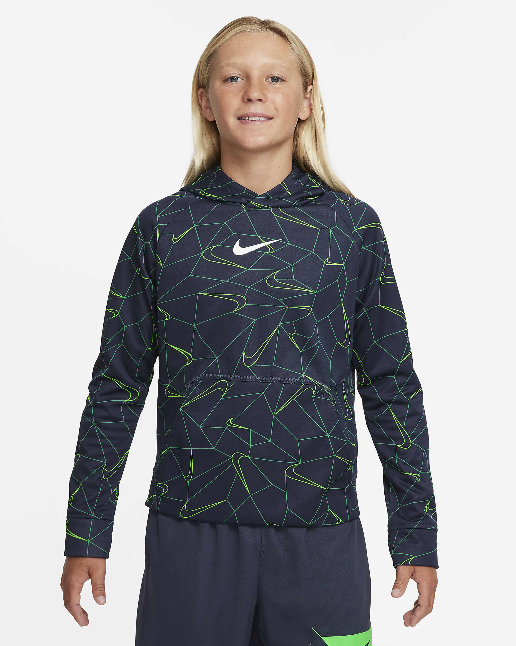 Nike Therma-FIT Big Kids' (Boys') Printed Pullover Hoodie - Thunder Blue/White