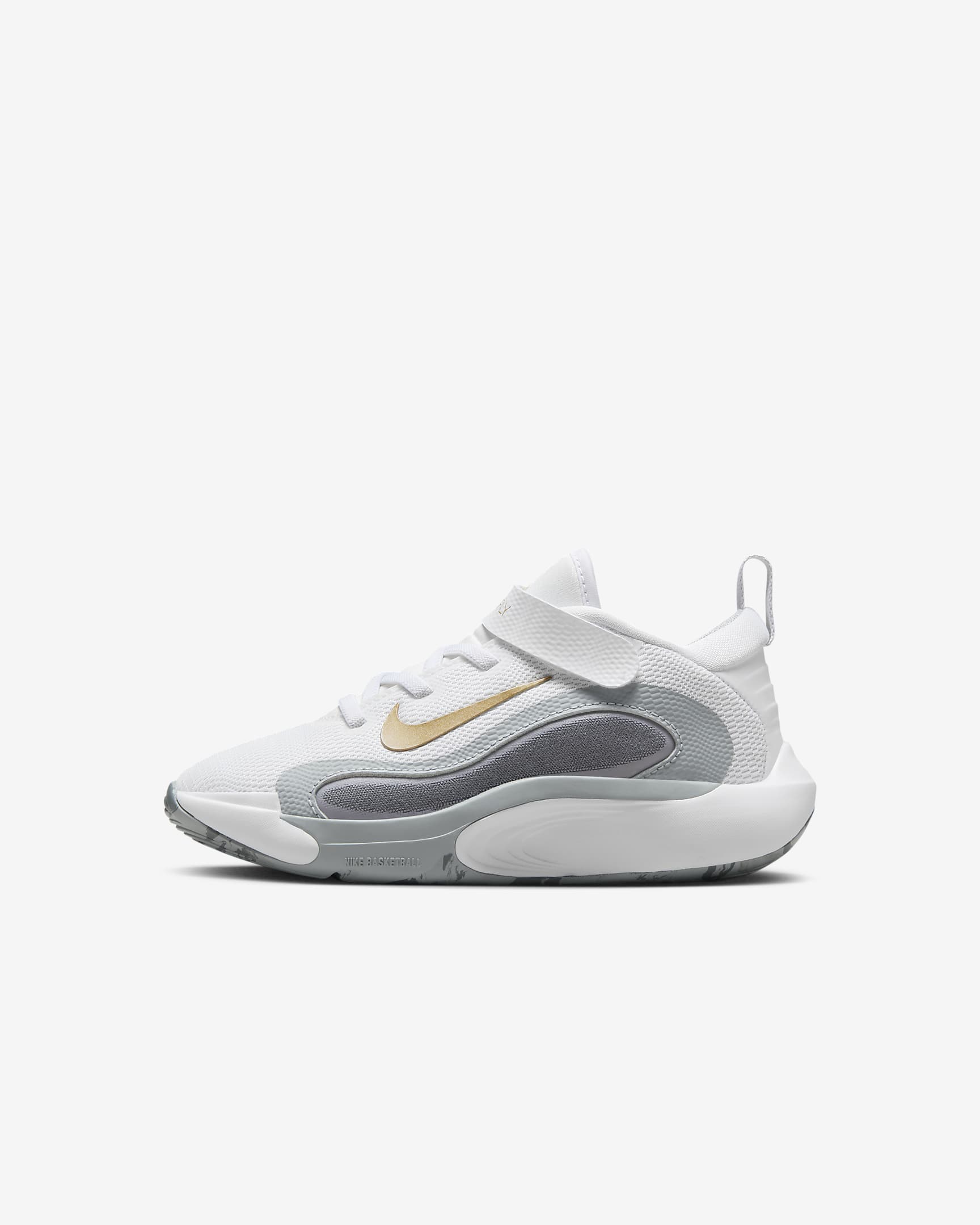 Tenis para niños de preescolar Nike IsoFly - Blanco/Gris azulado/Gris lobo/Estrella de oro metálico