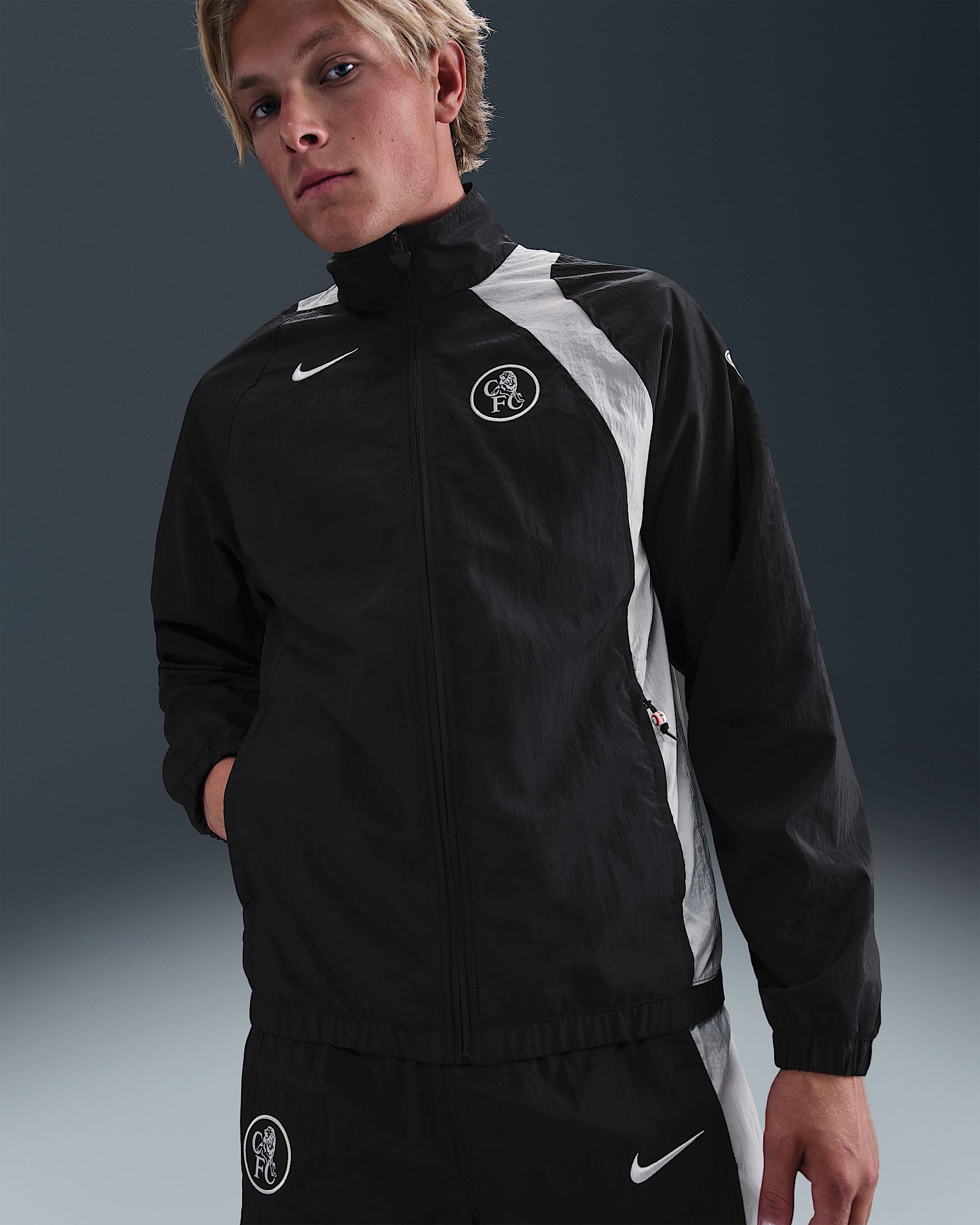 Chelsea FC Men's Nike Soccer Total 90 Soccer Track Jacket - Black/Field Silver/Field Silver