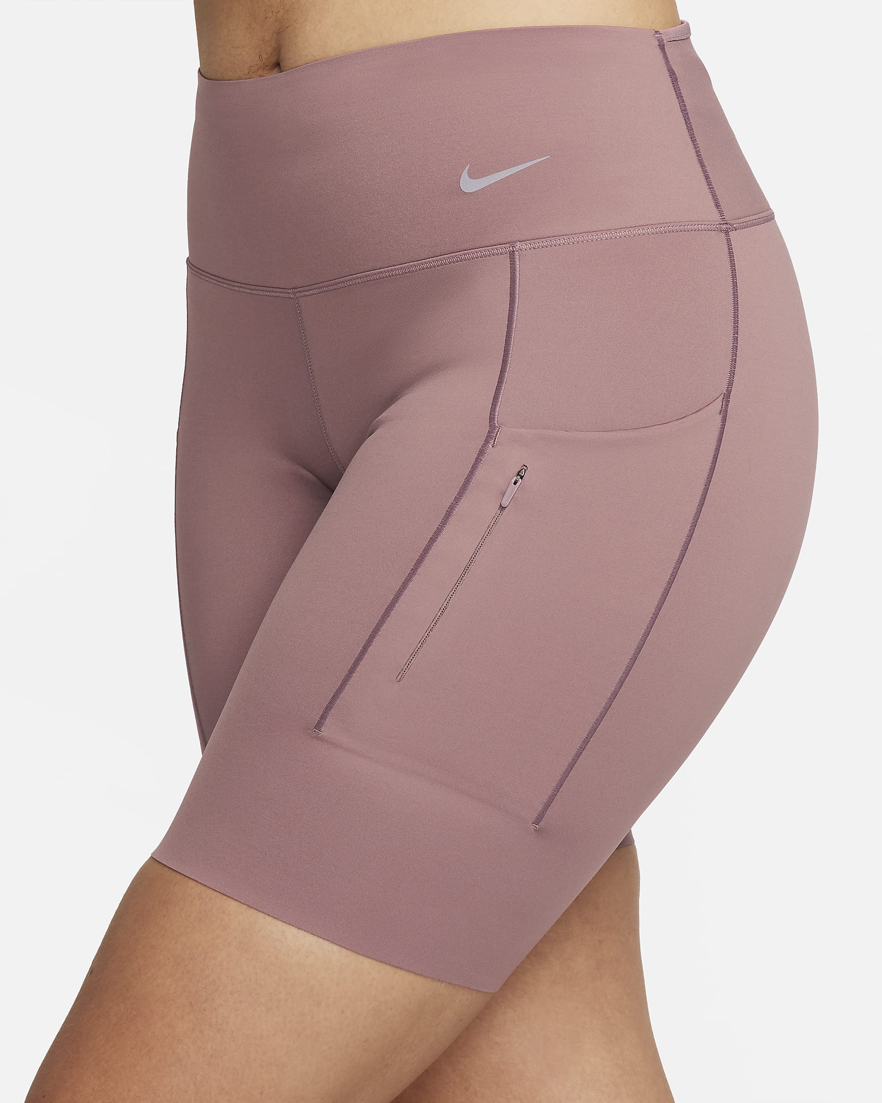 Nike Go-bikershorts (20 cm) med kraftig støtte, mellemhøj talje og lommer til kvinder - Smokey Mauve/sort