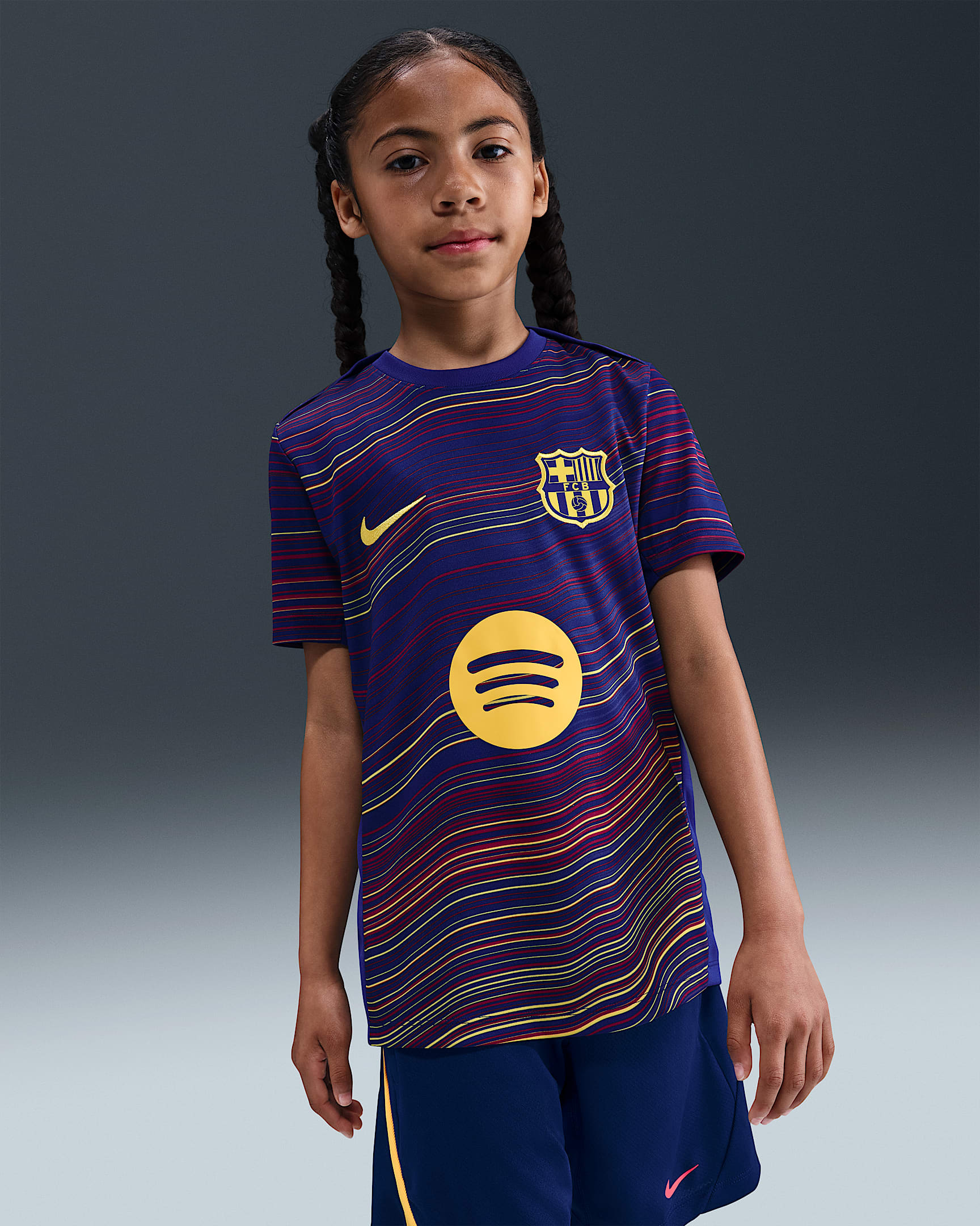 FC Barcelona Academy Pro Home Big Kids' Nike Dri-FIT Soccer Pre-Match Short-Sleeve Top - Deep Royal Blue/Deep Royal Blue/Noble Red/Midwest Gold