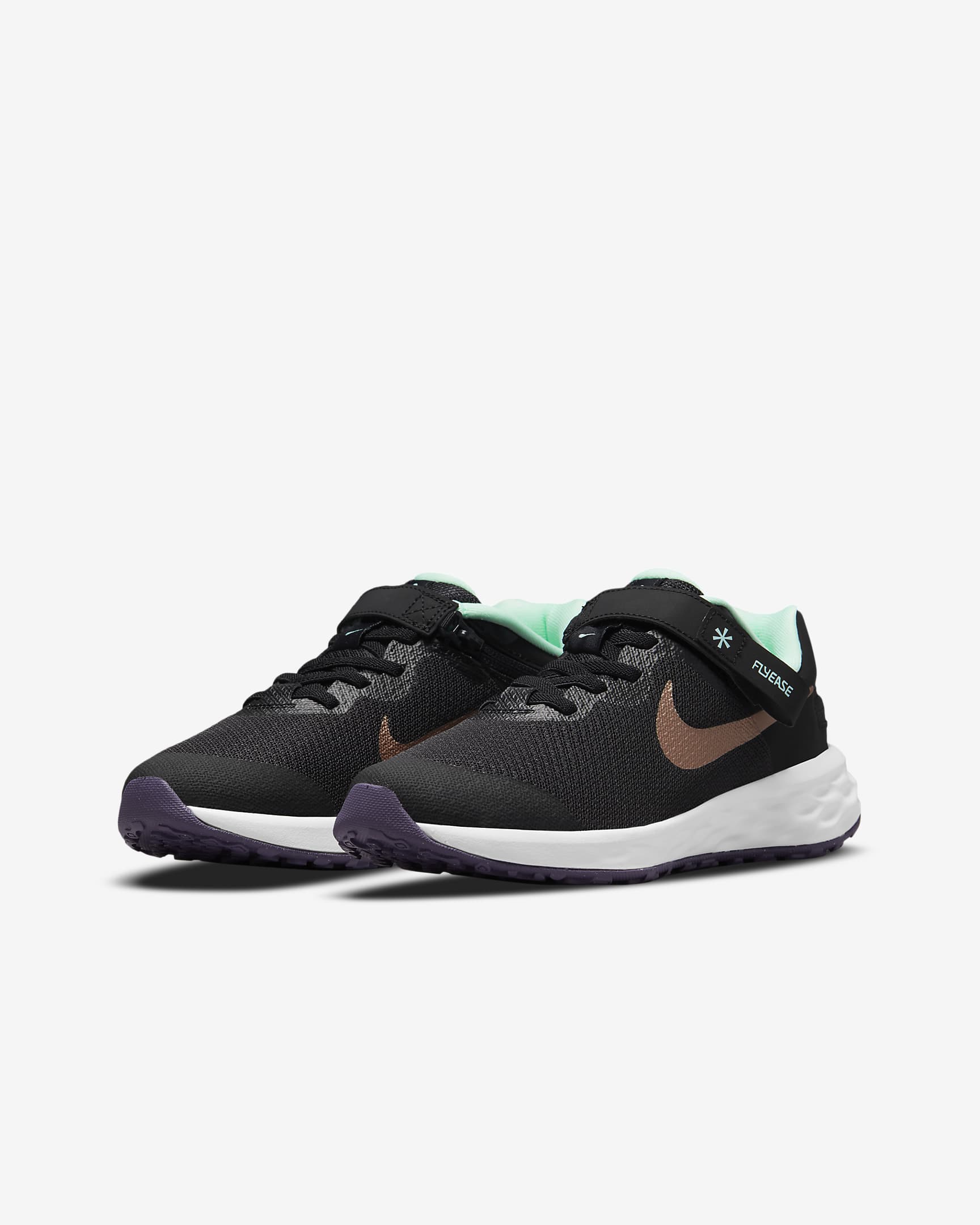 Nike Revolution 6 FlyEase Older Kids' Easy On/Off Road Running Shoes - Black/Mint Foam/Canyon Purple/Metallic Red Bronze