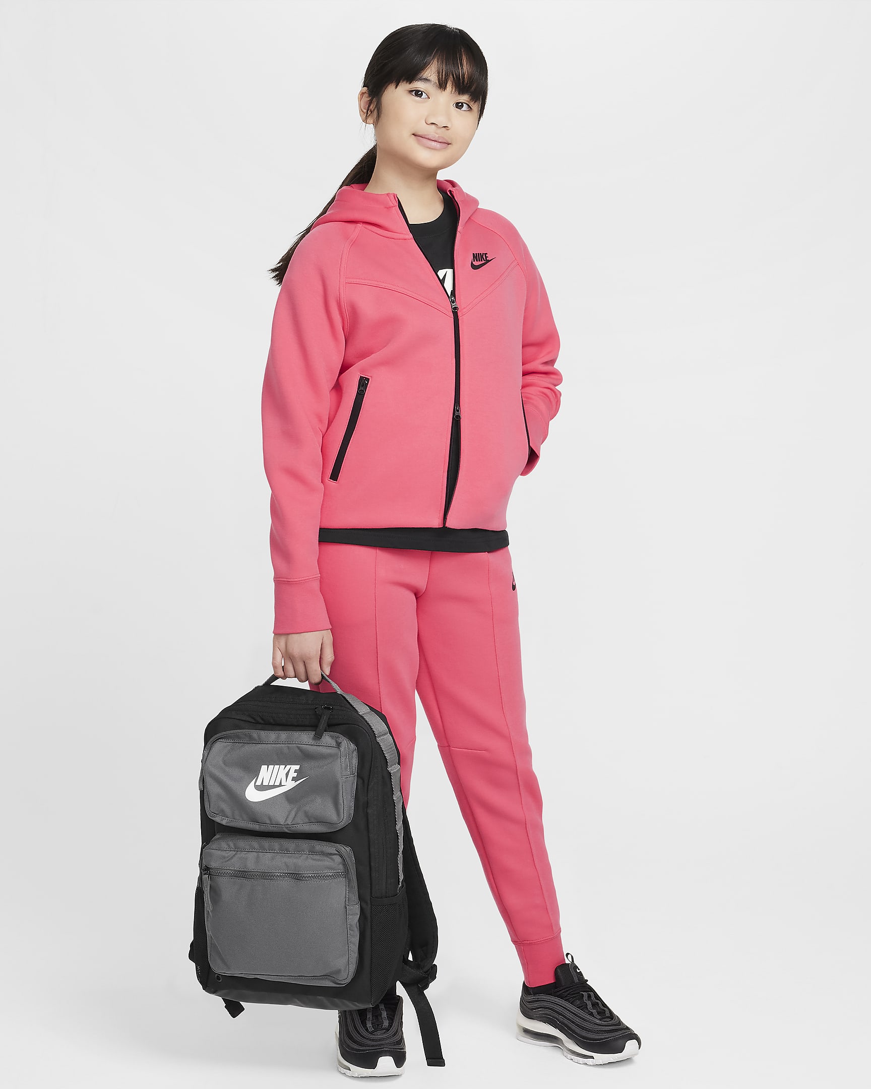 Nike Sportswear Tech Fleece Tam Boy Fermuarlı Genç Çocuk (Kız) Kapüşonlu Üst - Aster Pink/Siyah/Siyah