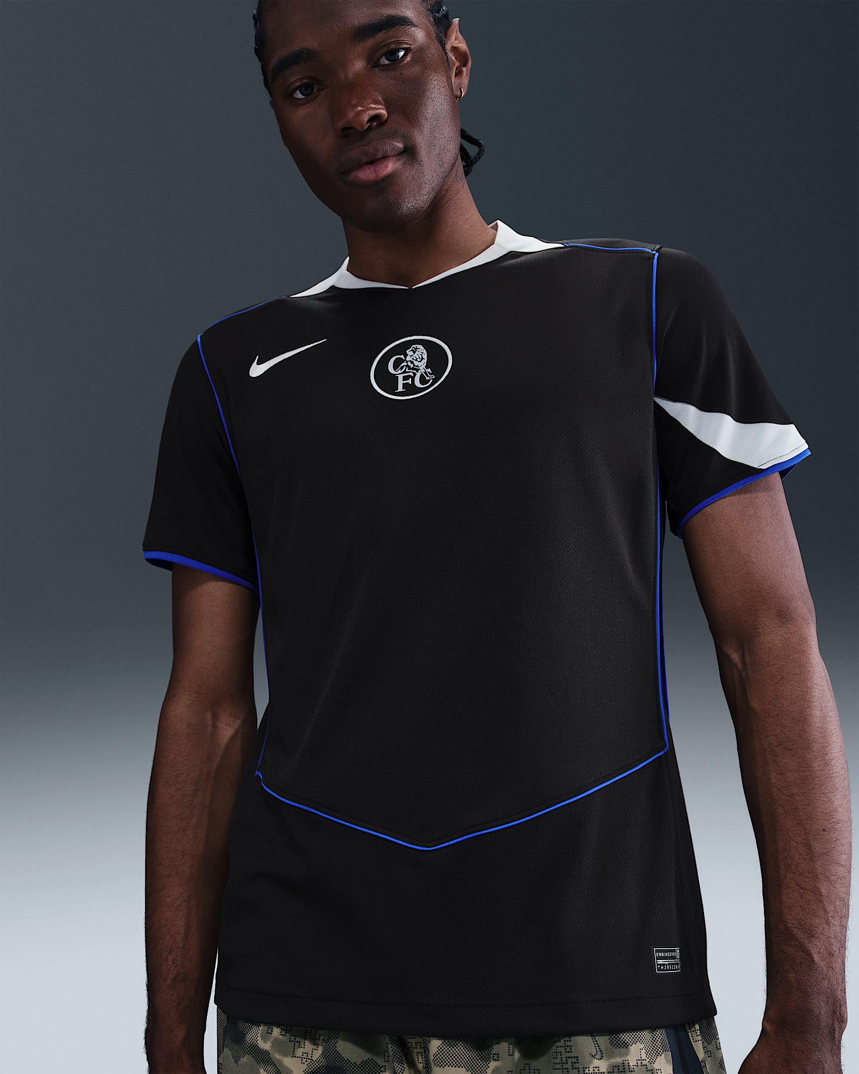 Chelsea FC 2025/26 Stadium Derde Nike Total 90 replicavoetbalshirt met Dri-FIT voor heren - Zwart/Field Silver/Game Royal/Field Silver