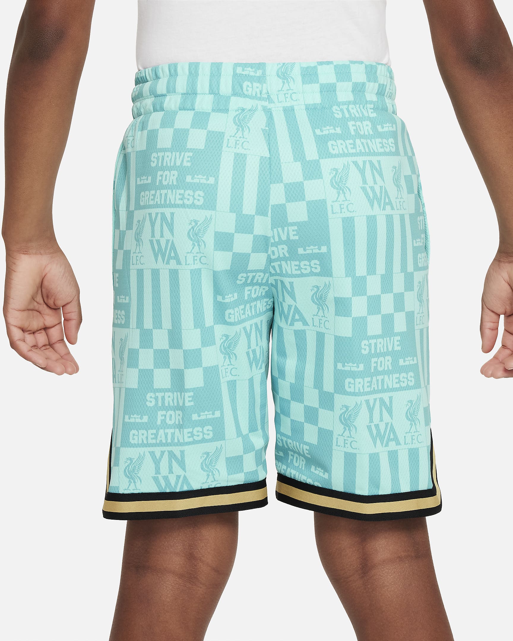 Shorts de básquetbol Nike DNA para niños talla grande LeBron x Liverpool FC - Toque tropical/Azul verdoso lavado/Oro genuino