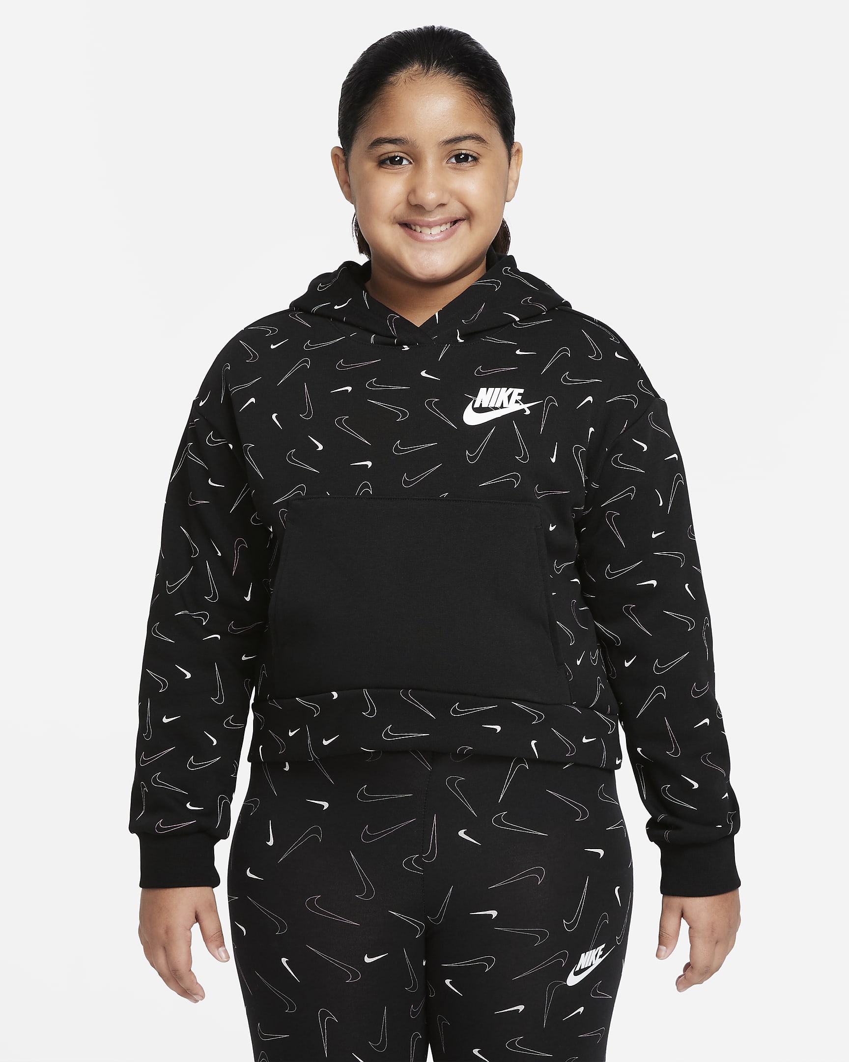 Nike Sportswear Big Kids' (Girls') Printed Fleece Hoodie (Extended Size) - Black/White
