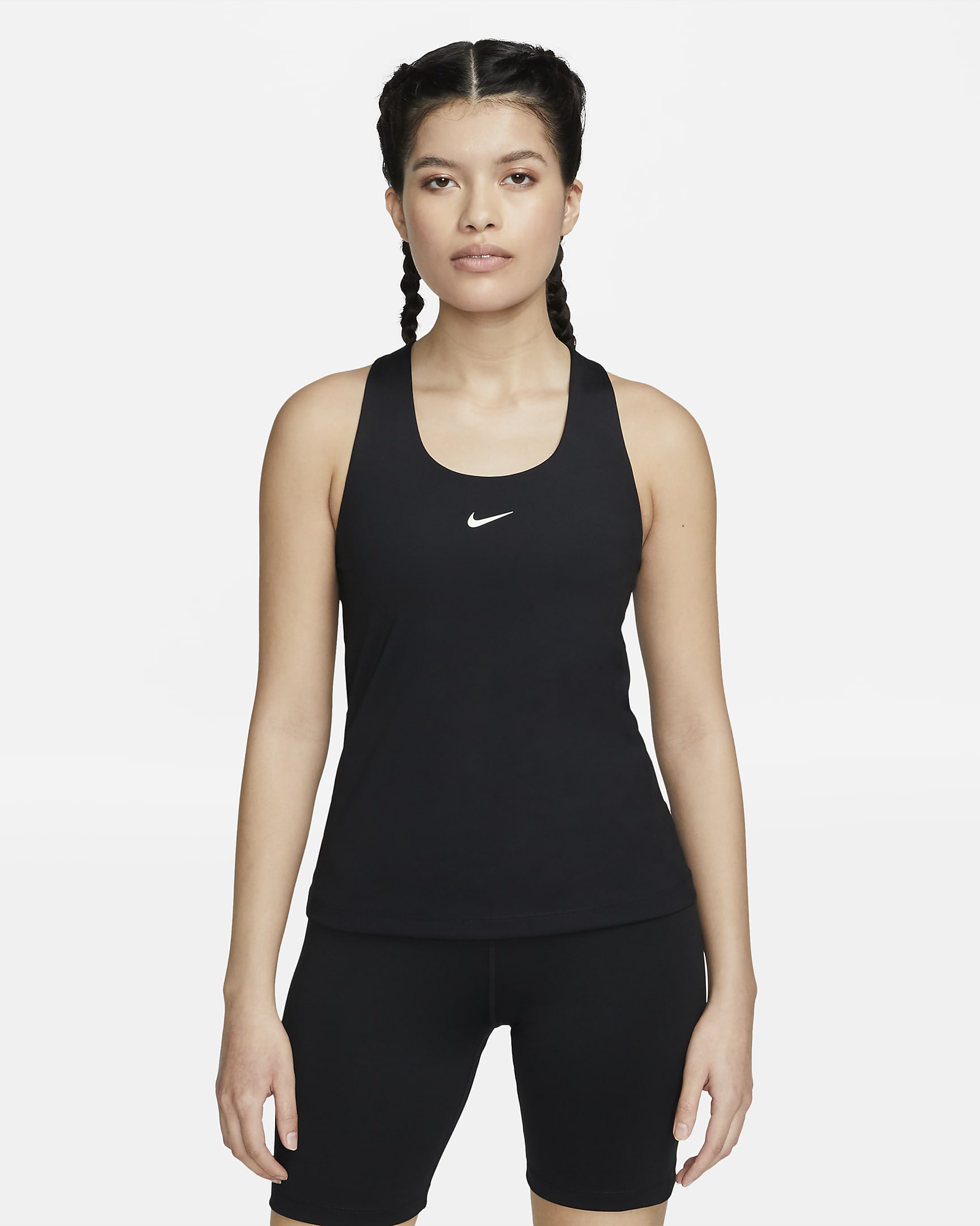 เสื้อกล้ามสปอร์ตบราผู้หญิงซัพพอร์ตระดับกลางเสริมฟองน้ำ Nike Swoosh - ดำ/ดำ/ขาว