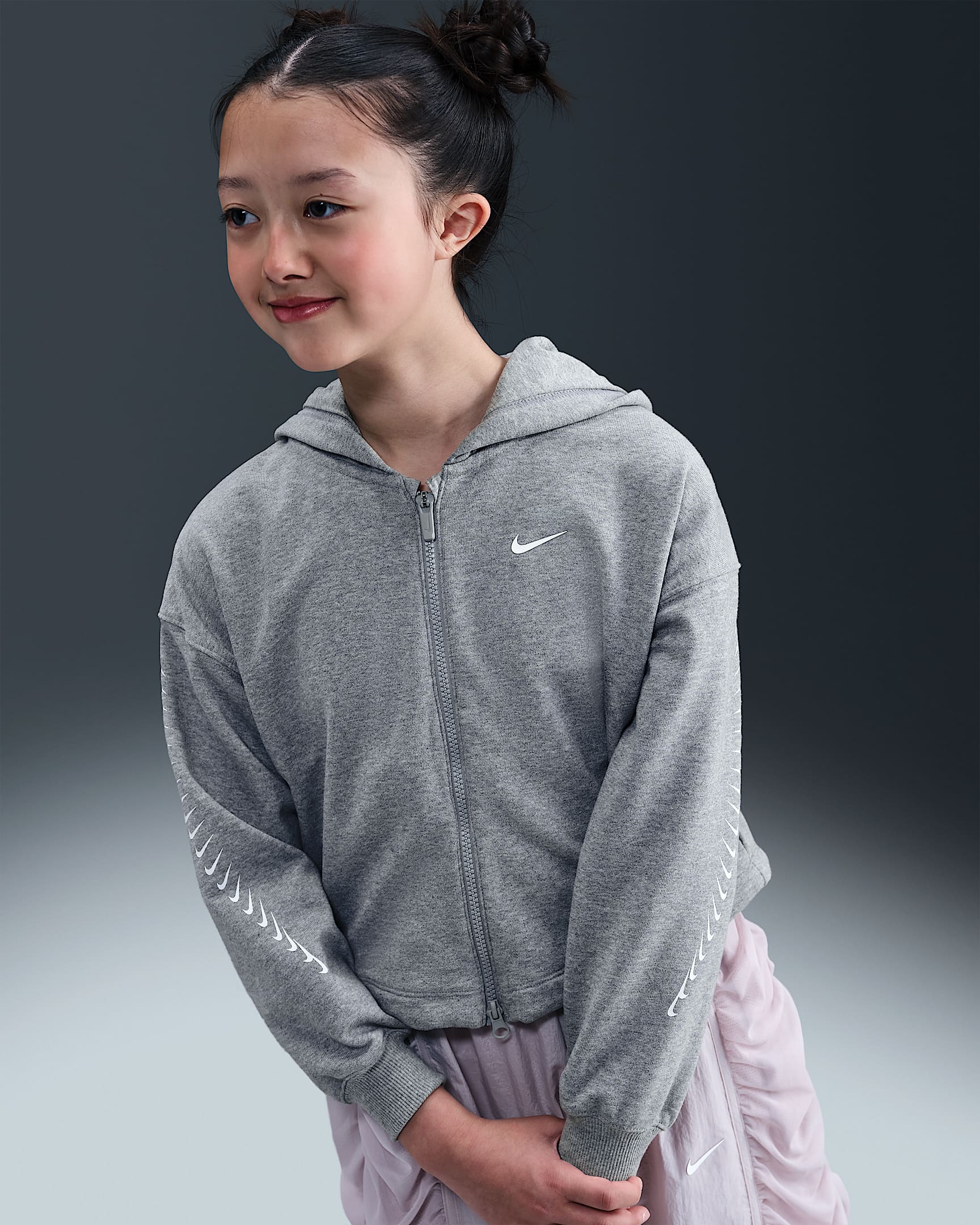 Nike Sportswear Girls' Dri-FIT Fleece Hoodie - Dark Grey Heather/White