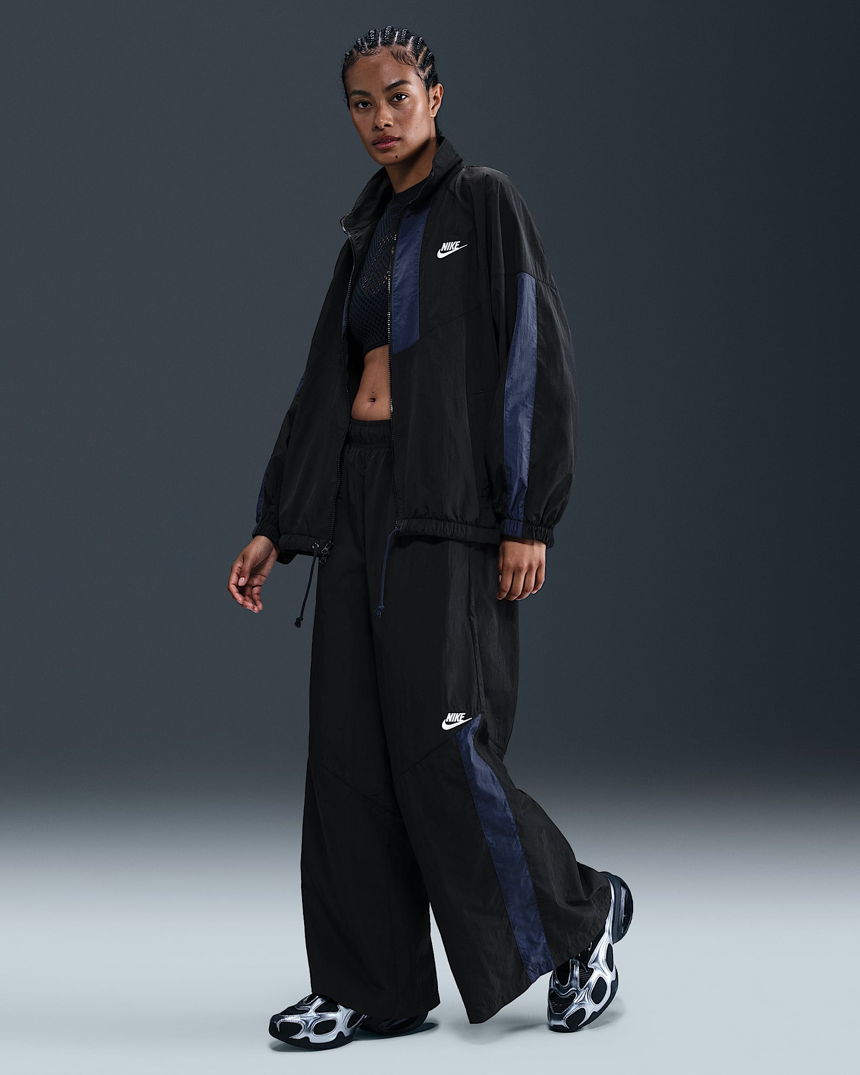 Nike Sportswear Women's Wide-Leg Woven Trousers - Black/Midnight Navy/Sail