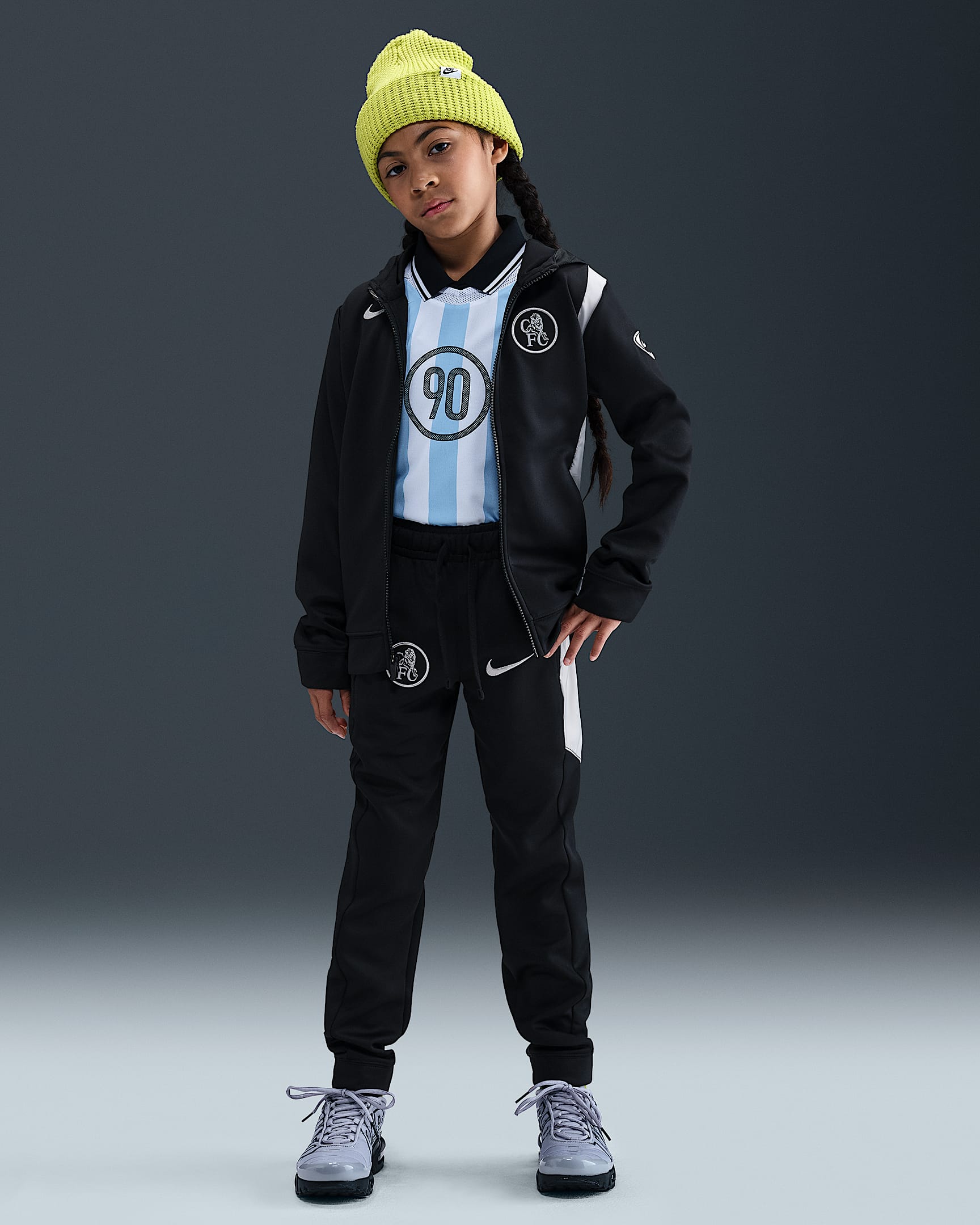 FC Chelsea Third Nike Total 90 Fußball-Trainingsanzug aus Webmaterial (ältere Kinder) - Schwarz/Field Silver/Field Silver