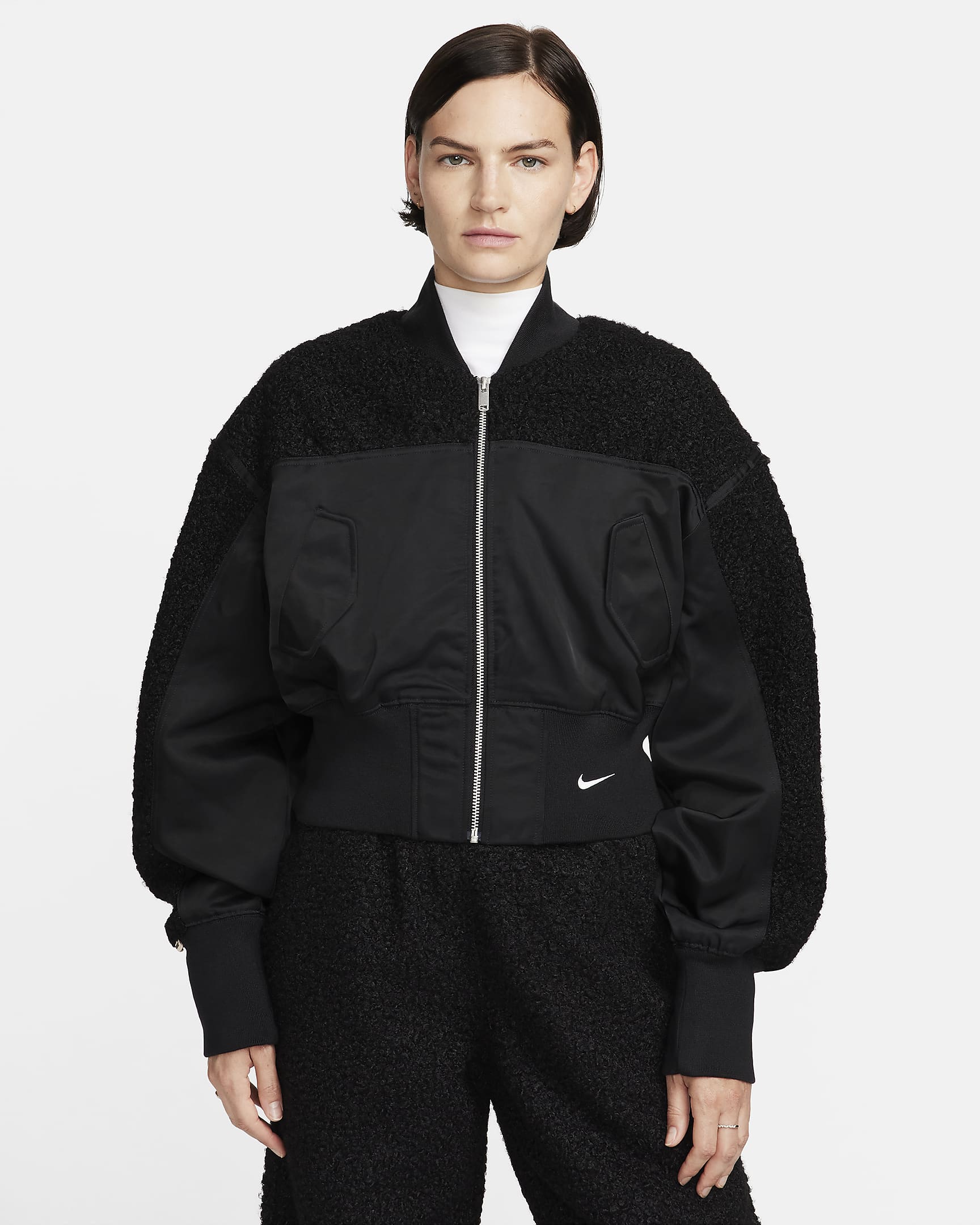 Veste aviateur en tissu Fleece à poils longs Nike Sportswear Collection pour femme - Noir/Summit White