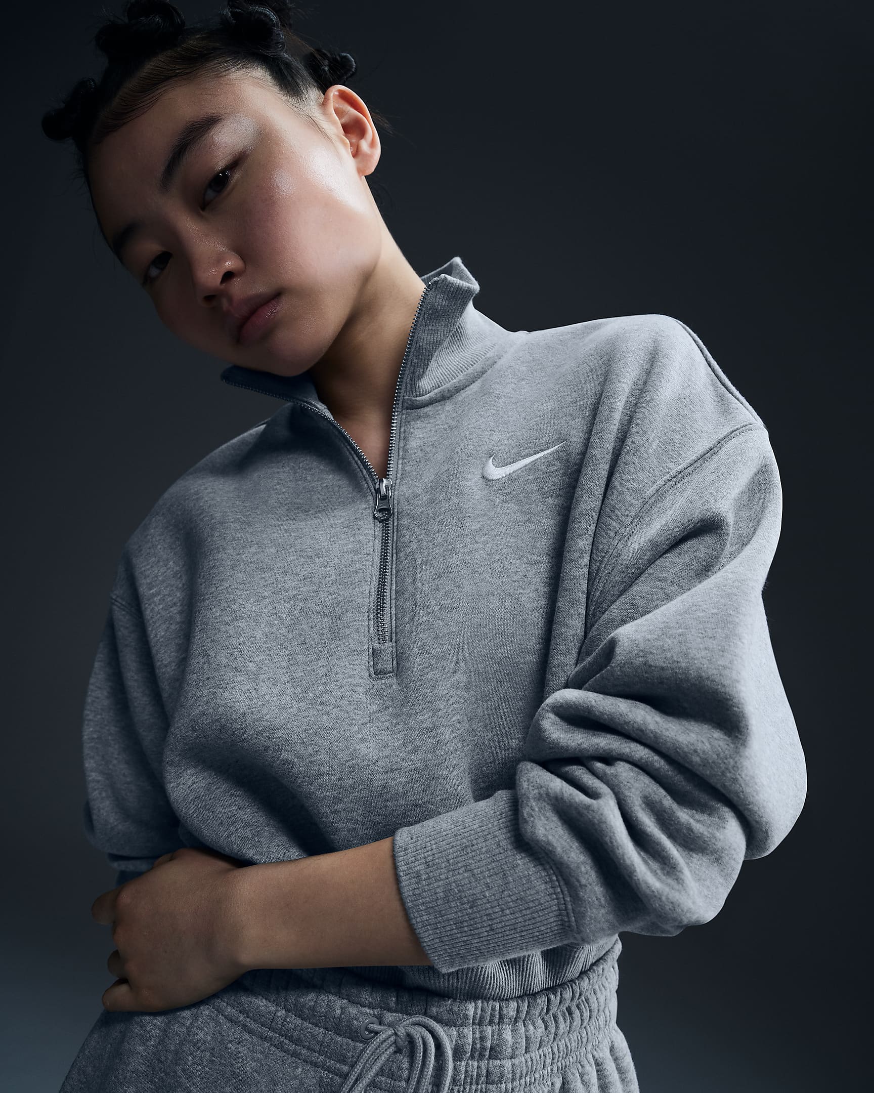 Dámská zkrácená mikina Nike Sportswear Phoenix Fleece s polovičním zipem - Dark Grey Heather/Sail