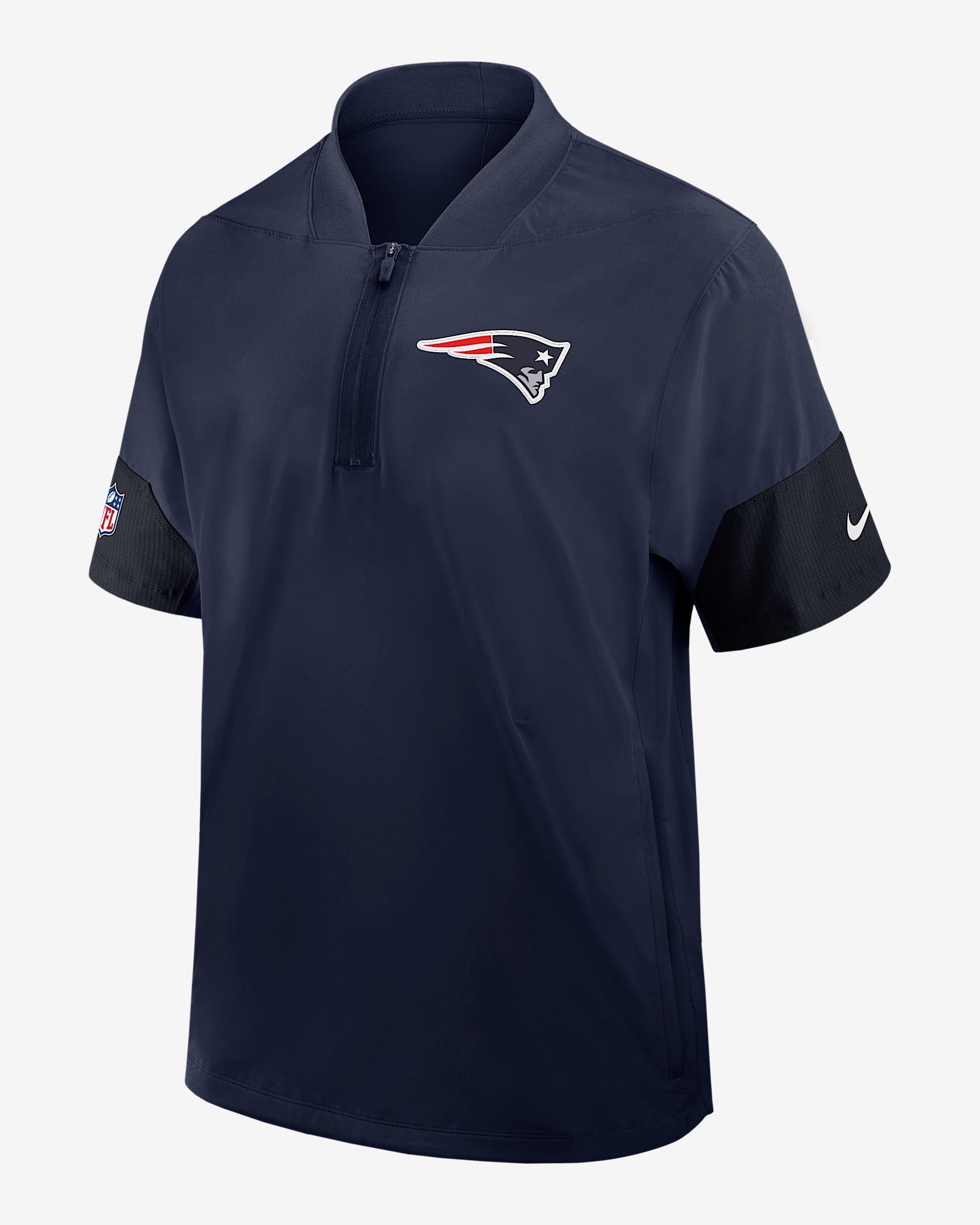 Chamarra de manga corta Nike de la NFL con gorro de medio cierre para hombre New England Patriots Sideline Coach - Azul marino