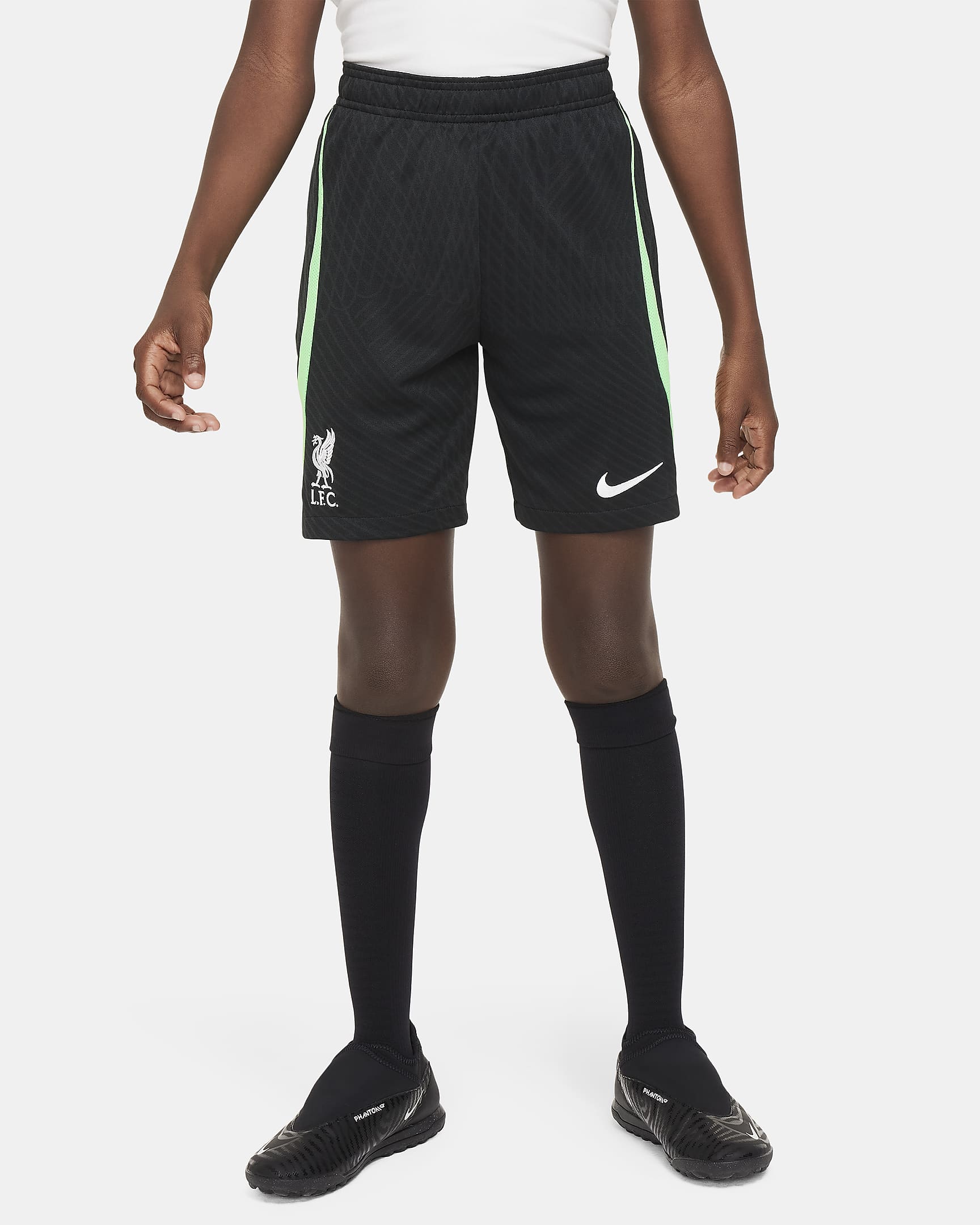 Shorts de fútbol de tejido Knit Nike Dri-FIT para niños talla grande del Liverpool FC Strike - Negro/Verde veneno/Blanco