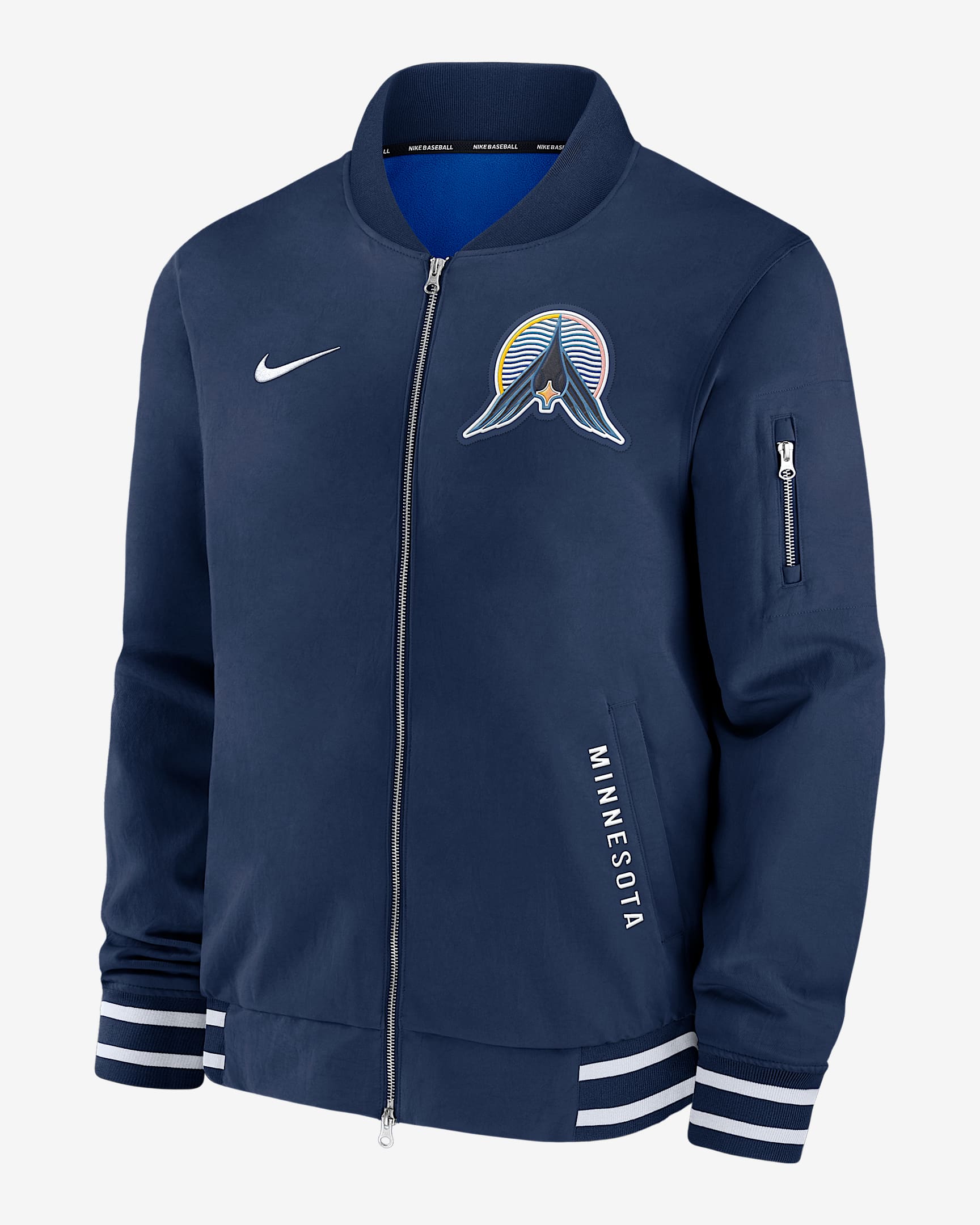 Chamarra bomber Nike de la MLB de cierre completo para hombre Minnesota Twins Authentic Collection City Connect - Azul marino