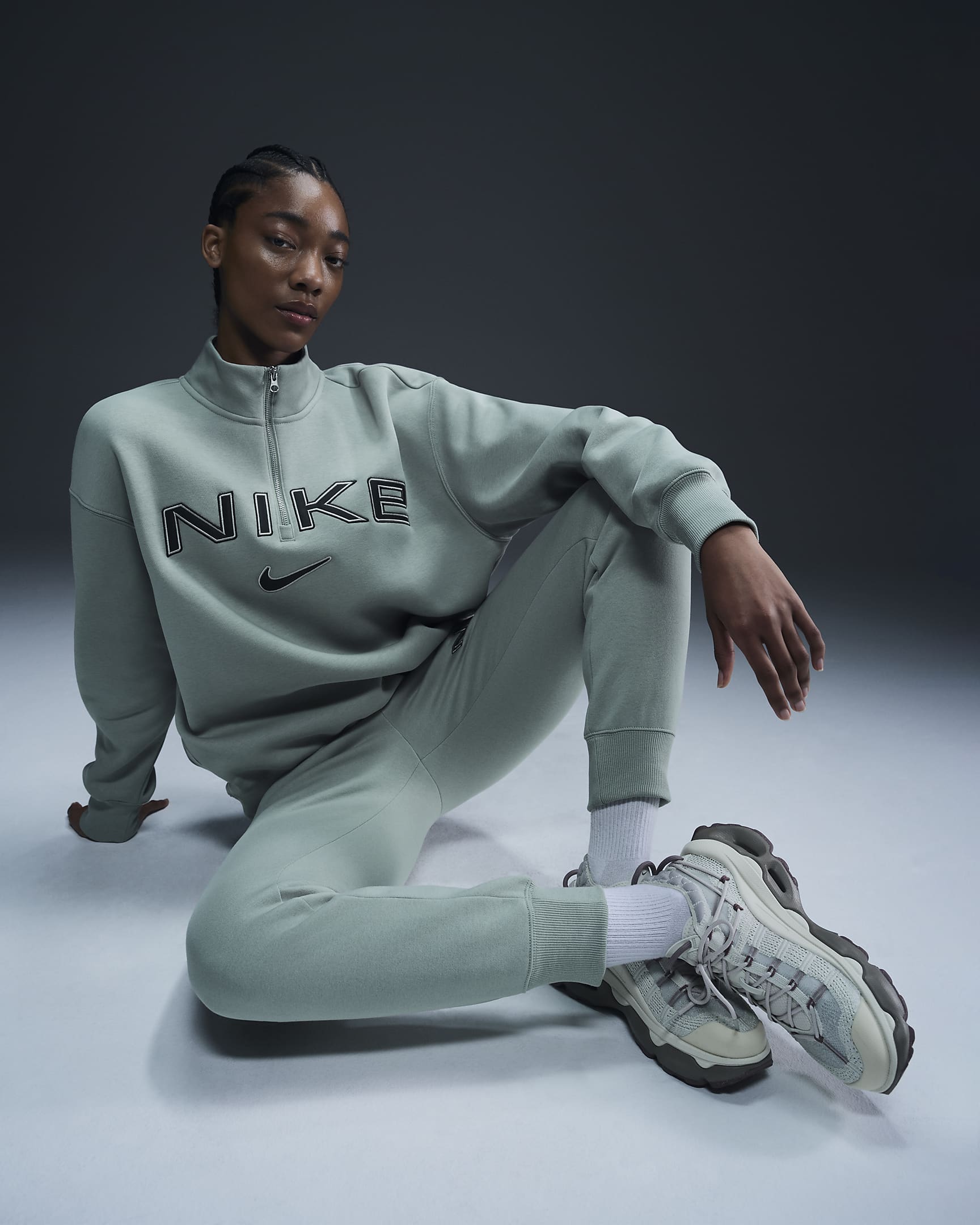 Haut oversize à logo à 1/4 de zip Nike Sportswear Phoenix Fleece pour femme - Jade Horizon/Light Orewood Brown/Sequoia