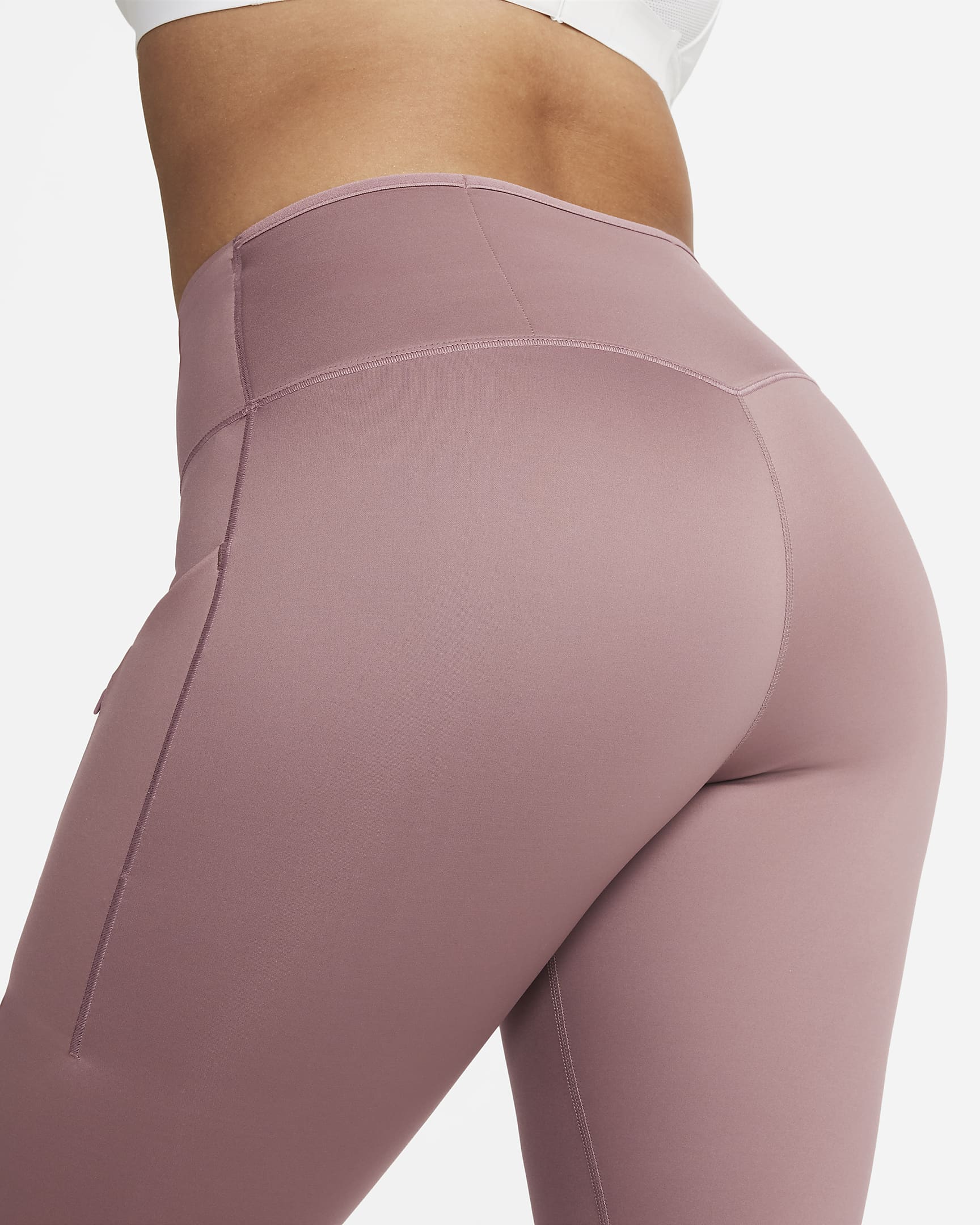 Leggings Nike Go i 7/8-längd med fast stöd, mellanhög midja och fickor för kvinnor - Smokey Mauve/Svart