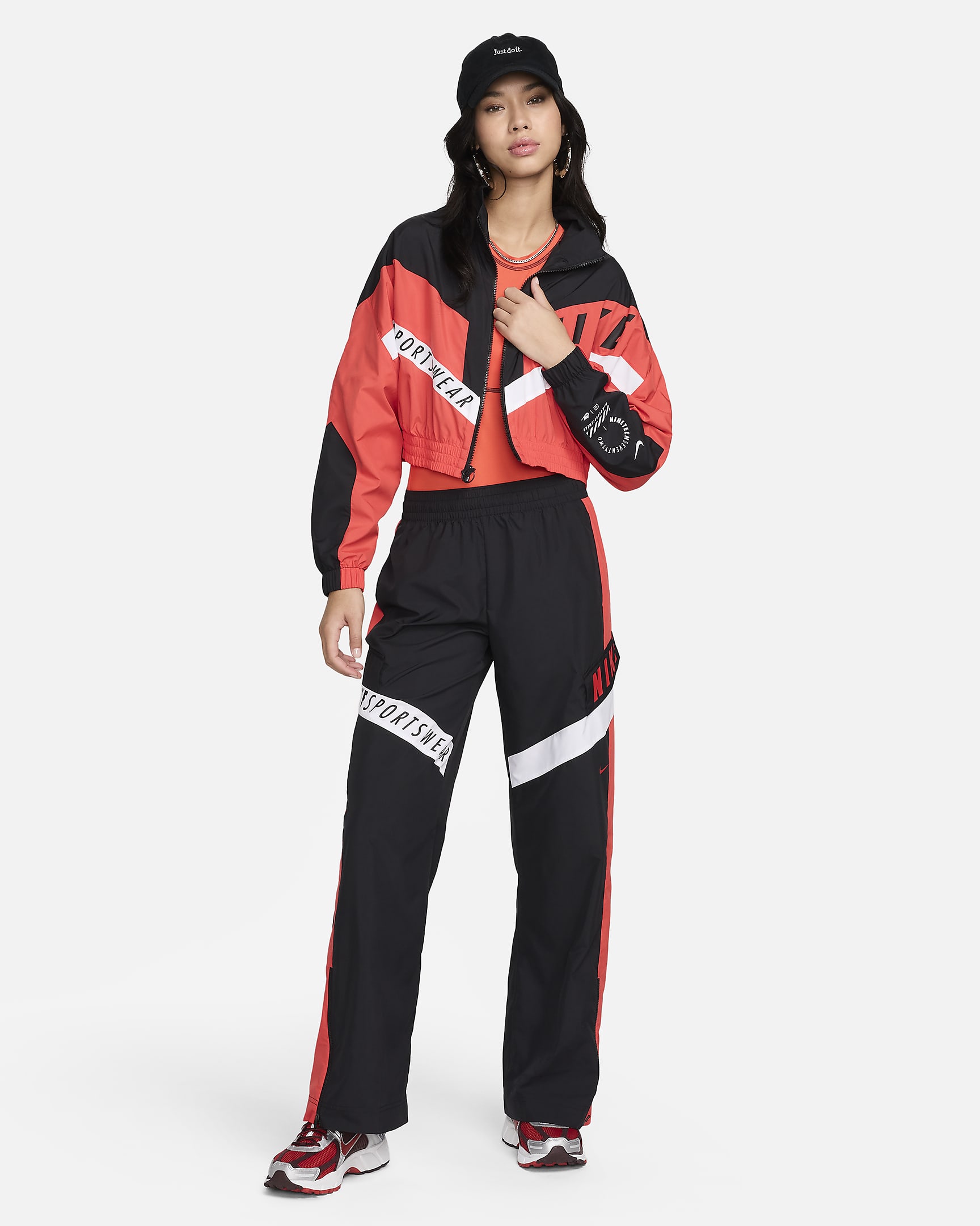 Nike Sportswear Women's High-Waisted Trousers - Black/Light Crimson/White