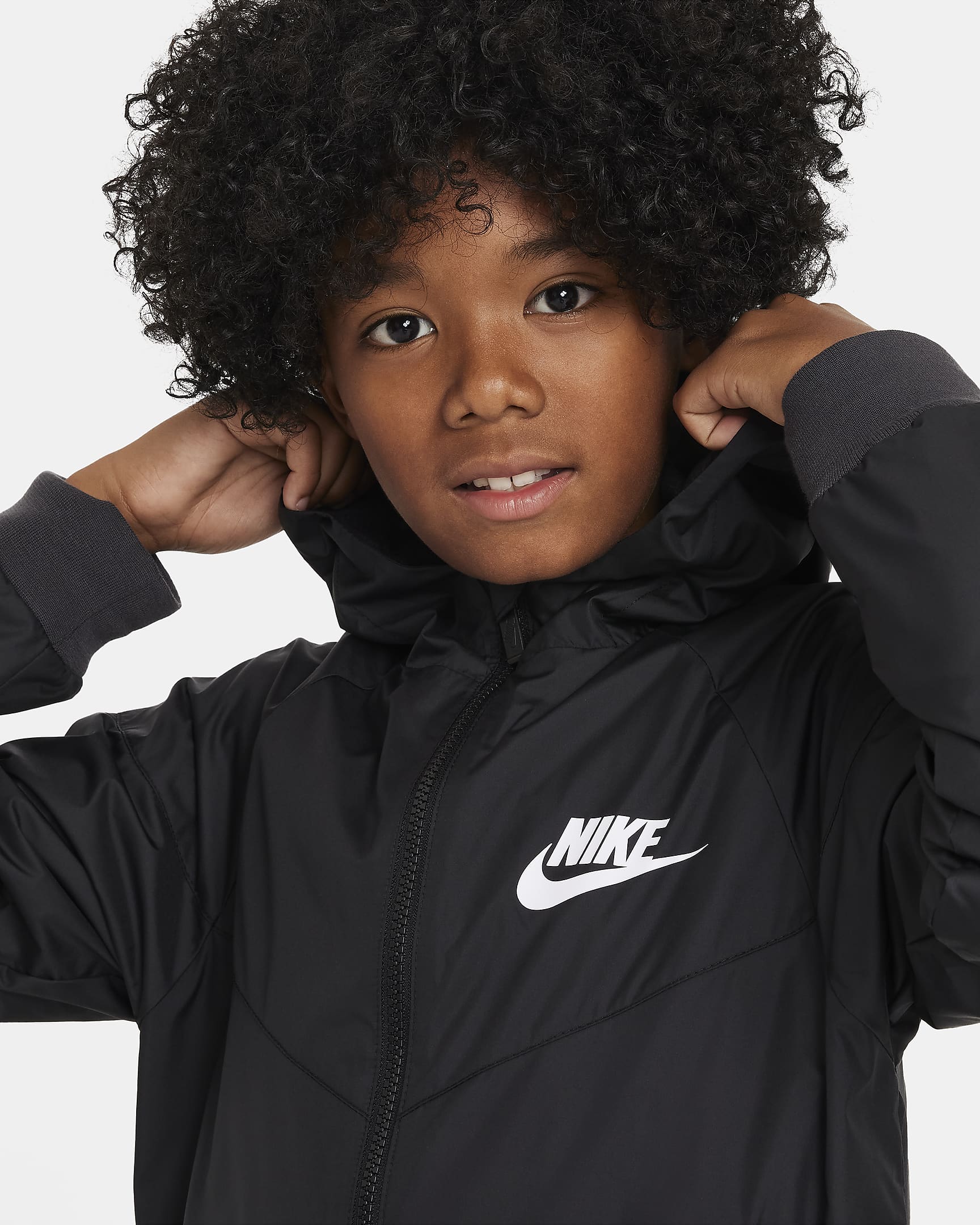 Bunda Nike Sportswear Windrunner s kapucí pro větší děti - Černá/Černá/Černá/Bílá