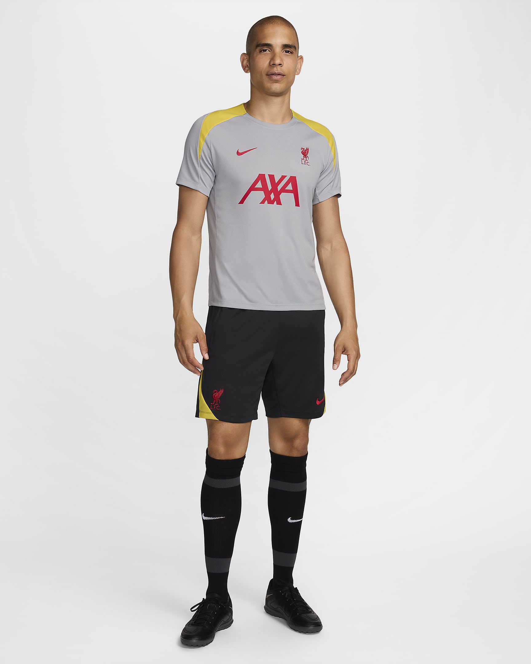 3e short de foot en maille Nike Dri-FIT Liverpool FC Strike pour homme - Dark Smoke Grey/Chrome Yellow/Global Red