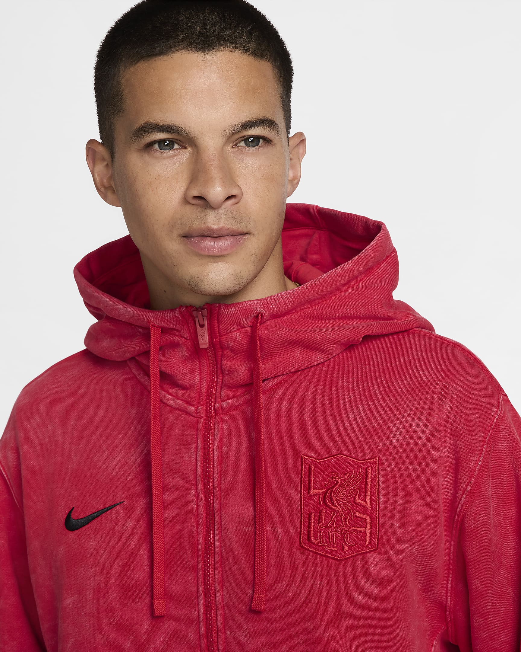 Męska piłkarska bluza z kapturem i zamkiem na całej długości z dzianiny dresowej Nike Liverpool F.C. Club (wersja trzecia) - University Red/Czerń