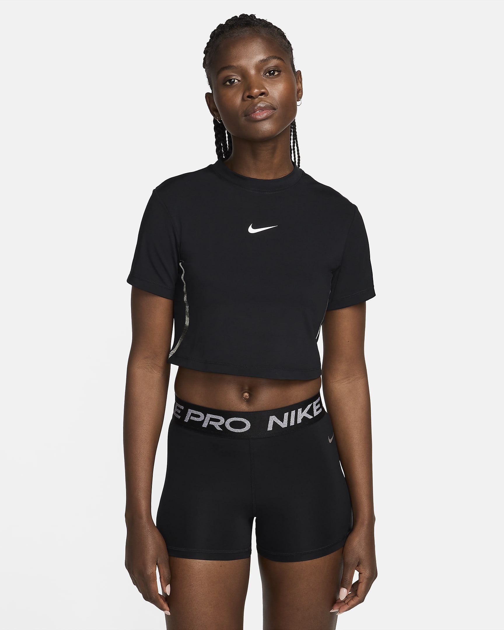 Playera de entrenamiento de manga corta Dri-FIT cropped para mujer Nike Pro - Negro/Blanco