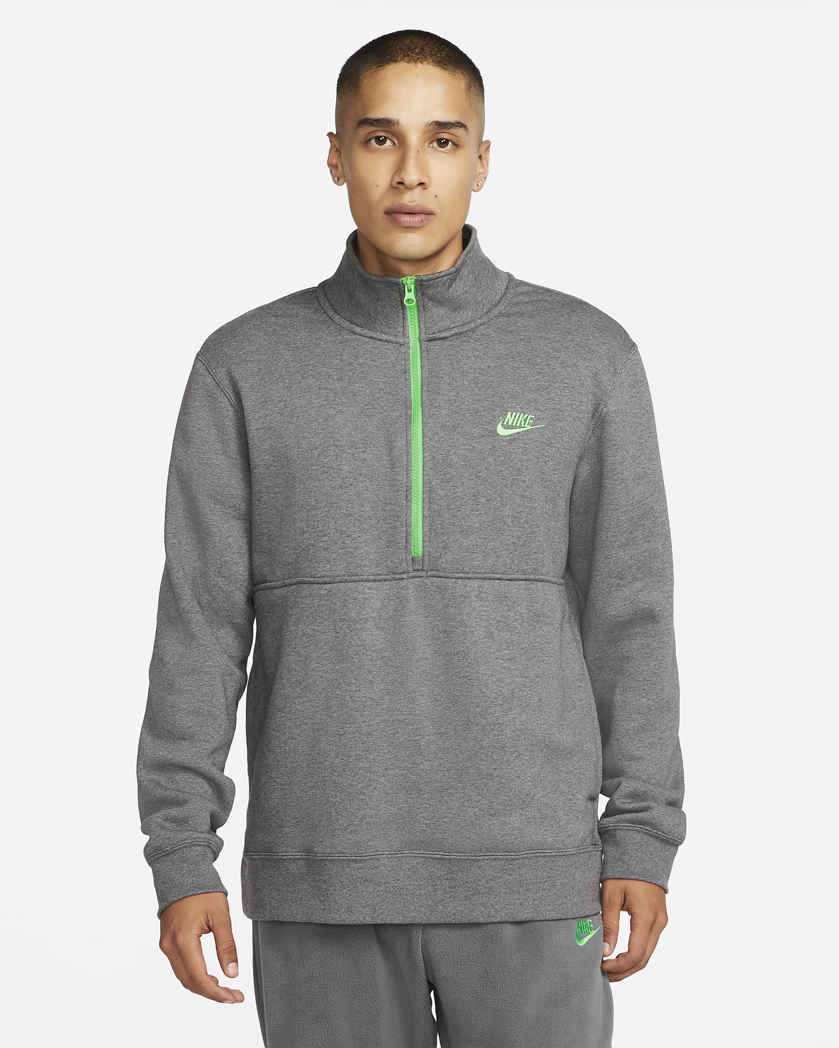 Sudadera con gorro de medio cierre e interior cepillado para hombre Nike Sportswear Club - Carbón jaspeado/Verde chispa claro/Verde chispa claro