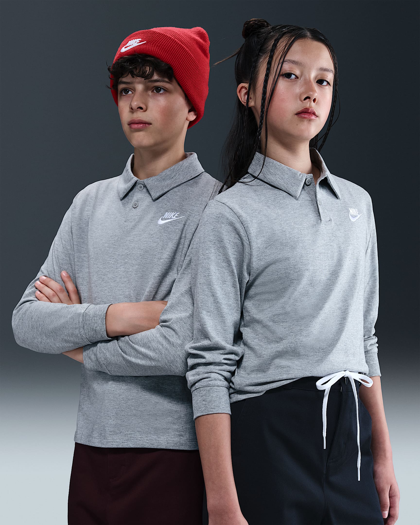 Nike Sportswear Club Big Kids' Knit Long-Sleeve Polo - Dark Grey Heather/Smoke Grey/White
