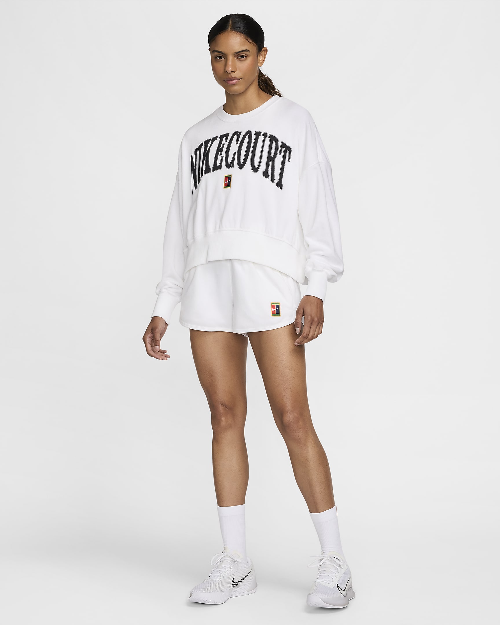 NikeCourt Heritage Women's Over-Oversized Crew-Neck Graphic Tennis Sweatshirt - White/White/Flat Pewter/Black