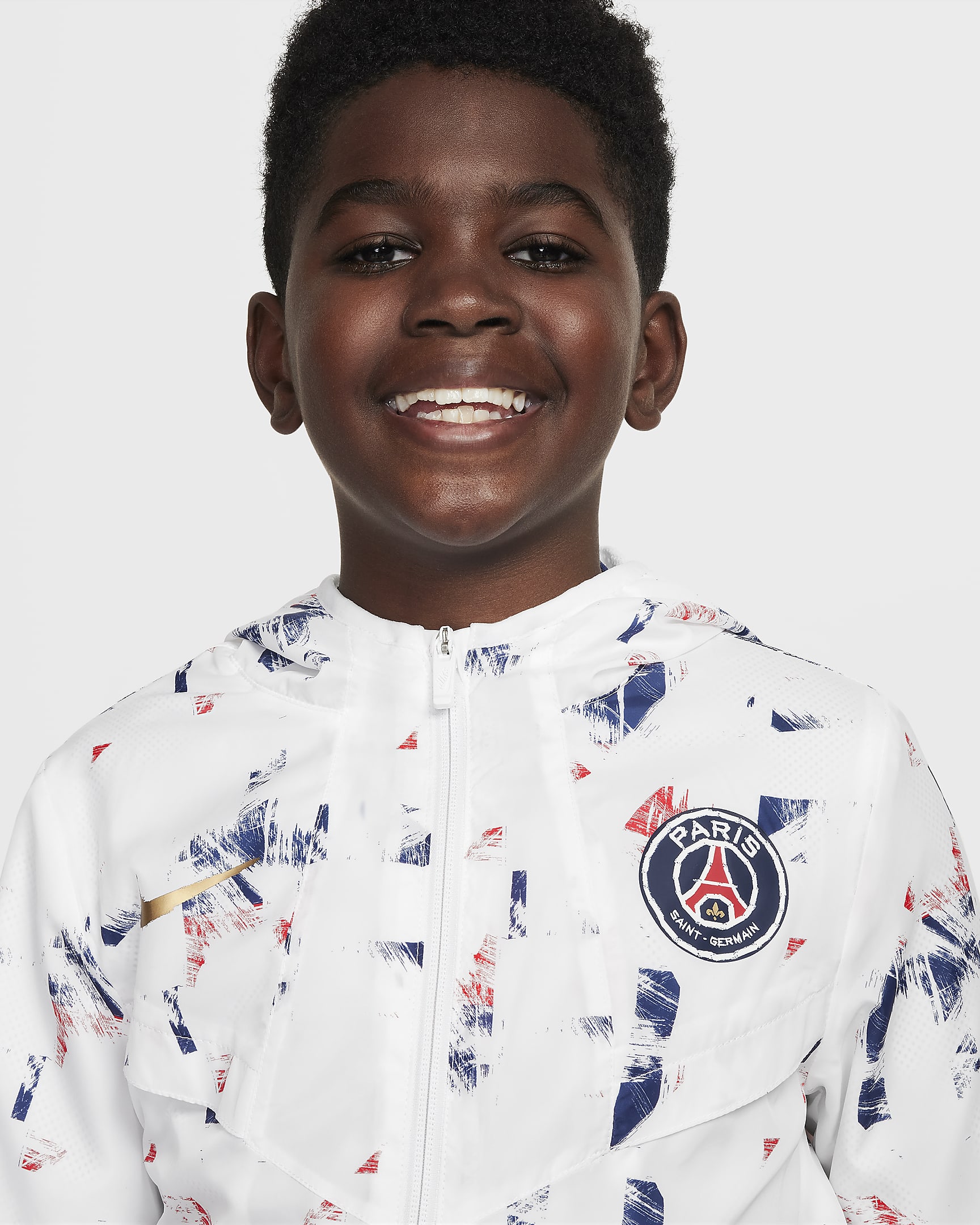 Paris Saint-Germain Amplify Windrunner Older Kids' (Boys') Nike Football Anorak Jacket - White/White/Metallic Gold