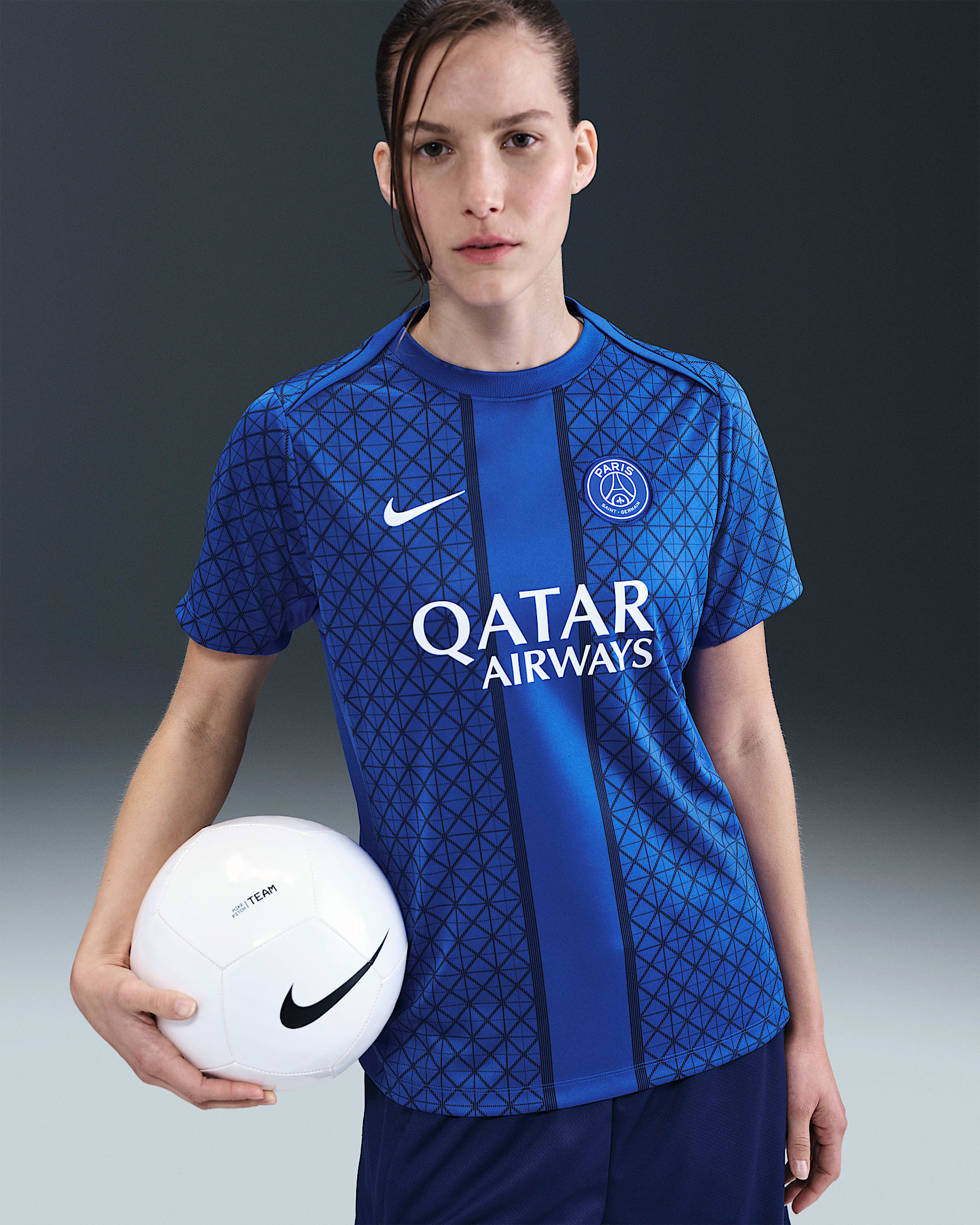 Primera equipació Academy Pro París Saint-Germain Part superior de futbol de màniga curta per a abans del partit Nike Dri-FIT - Dona - Hyper Royal/Midnight Navy/Blanc