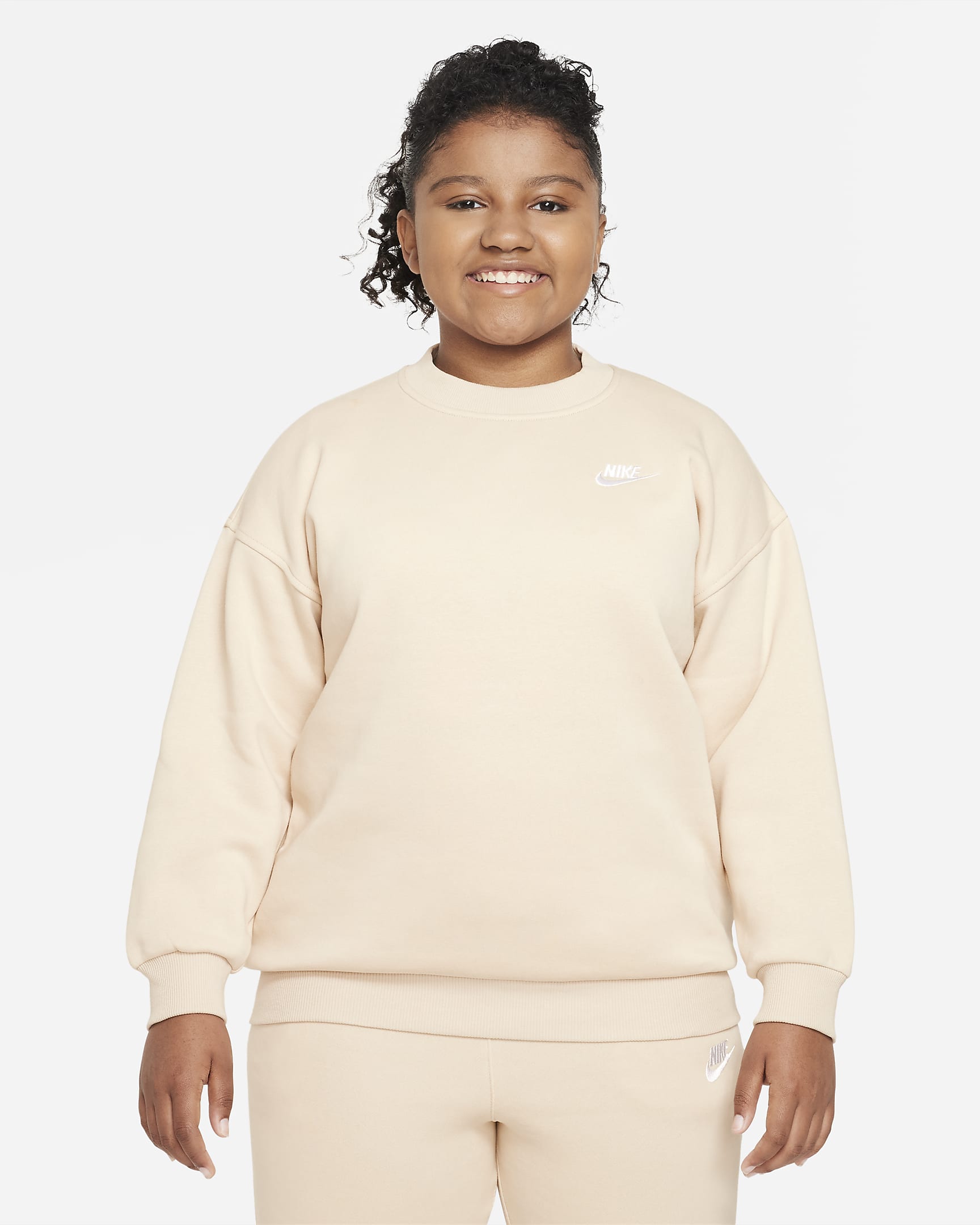 Nike Sportswear Club Fleece Big Kids' (Girls') Oversized Sweatshirt (Extended Size) - Sanddrift/White