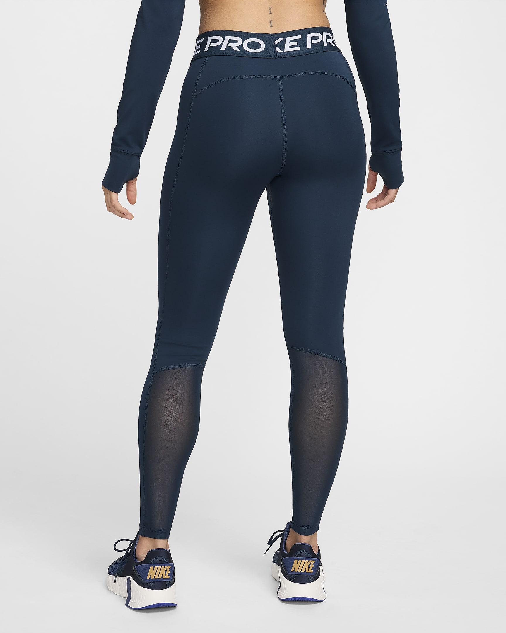 Nike Pro Legging met halfhoge taille en mesh vlakken voor dames - Armory Navy/Zwart/Wit