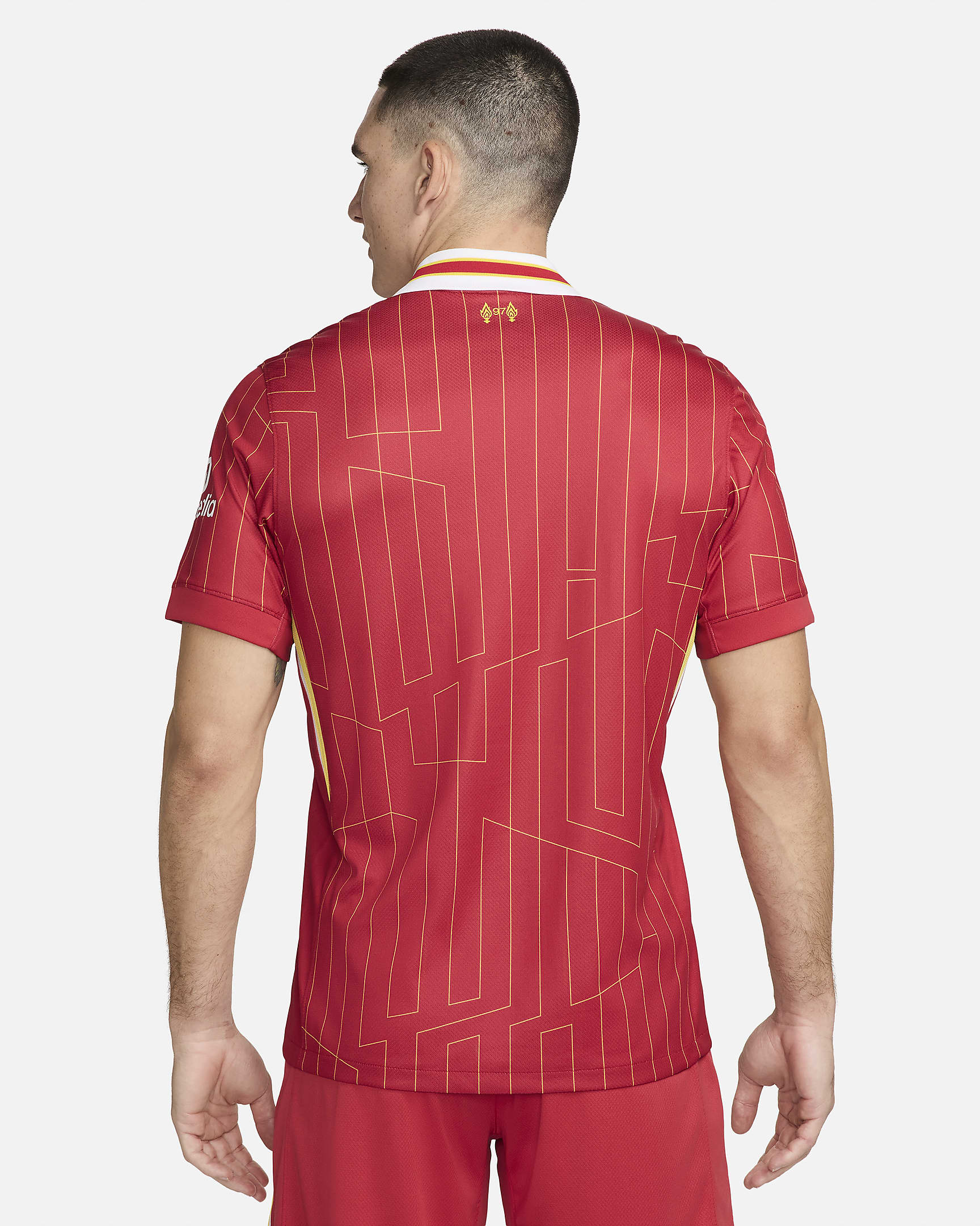 Replika pánského domácího fotbalového dresu Nike Dri-FIT Liverpool FC Stadium 2024/25 - Gym Red/Bílá/Chrome Yellow