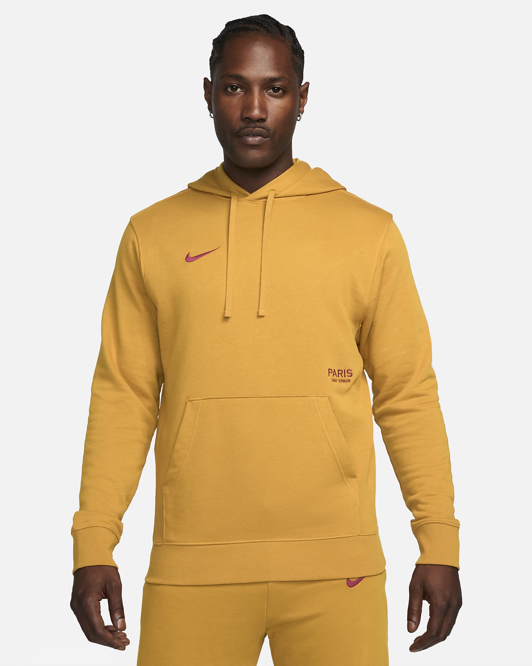 Paris Saint-Germain Club Men's Nike Soccer French Terry Pullover Hoodie - Gold Suede/Team Red