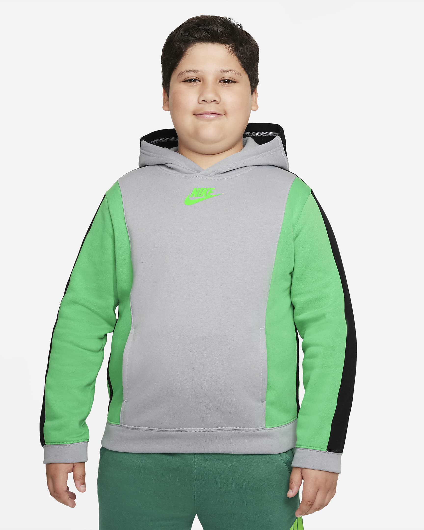 Nike Sportswear Amplify Big Kids' (Boys') Pullover Hoodie (Extended Size) - Light Smoke Grey/Black/Light Green Spark/Green Strike