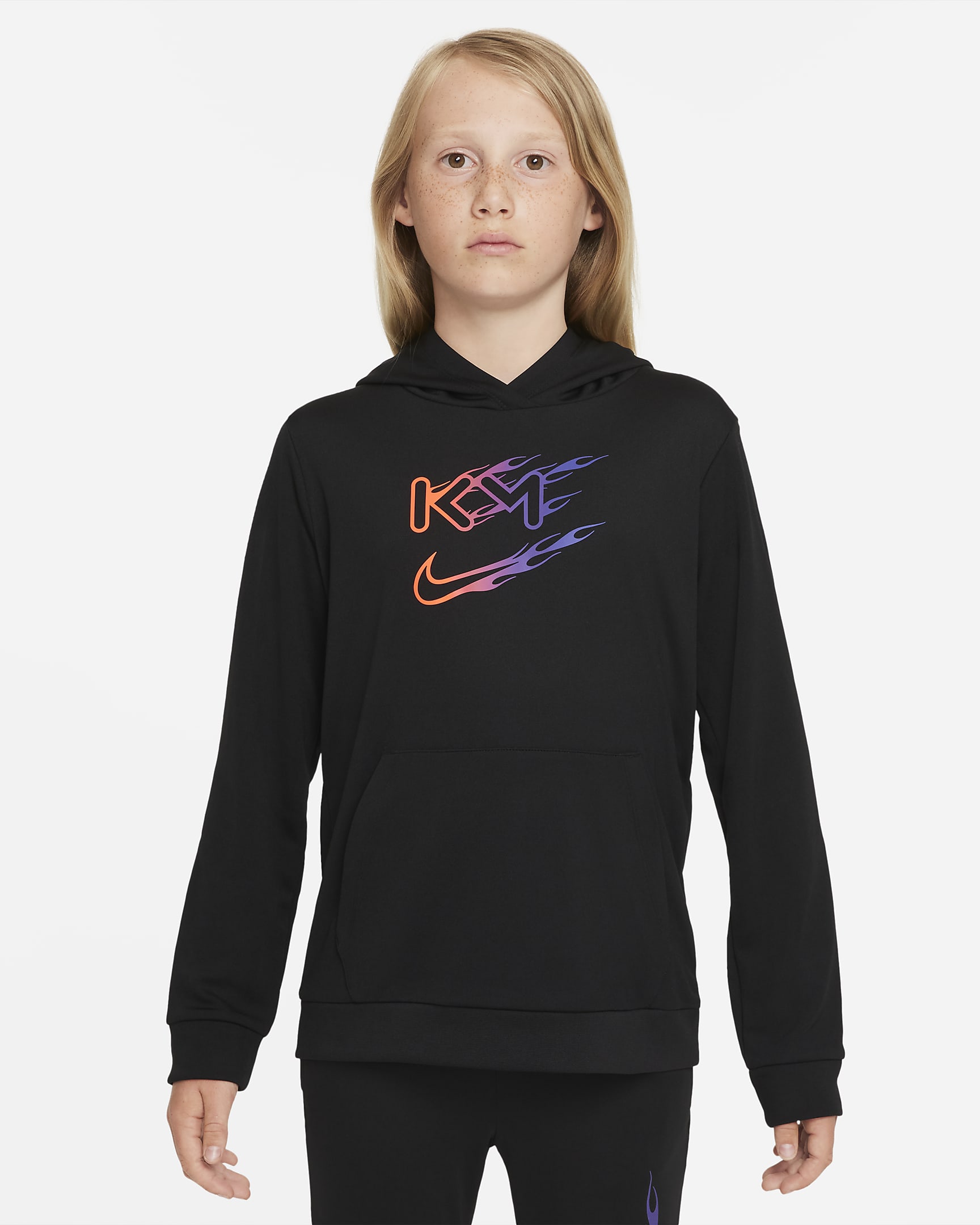 Sudadera con gorro sin cierre de fútbol para niños talla grande Nike Dri-FIT Kylian Mbappé - Negro/Carmesí brillante