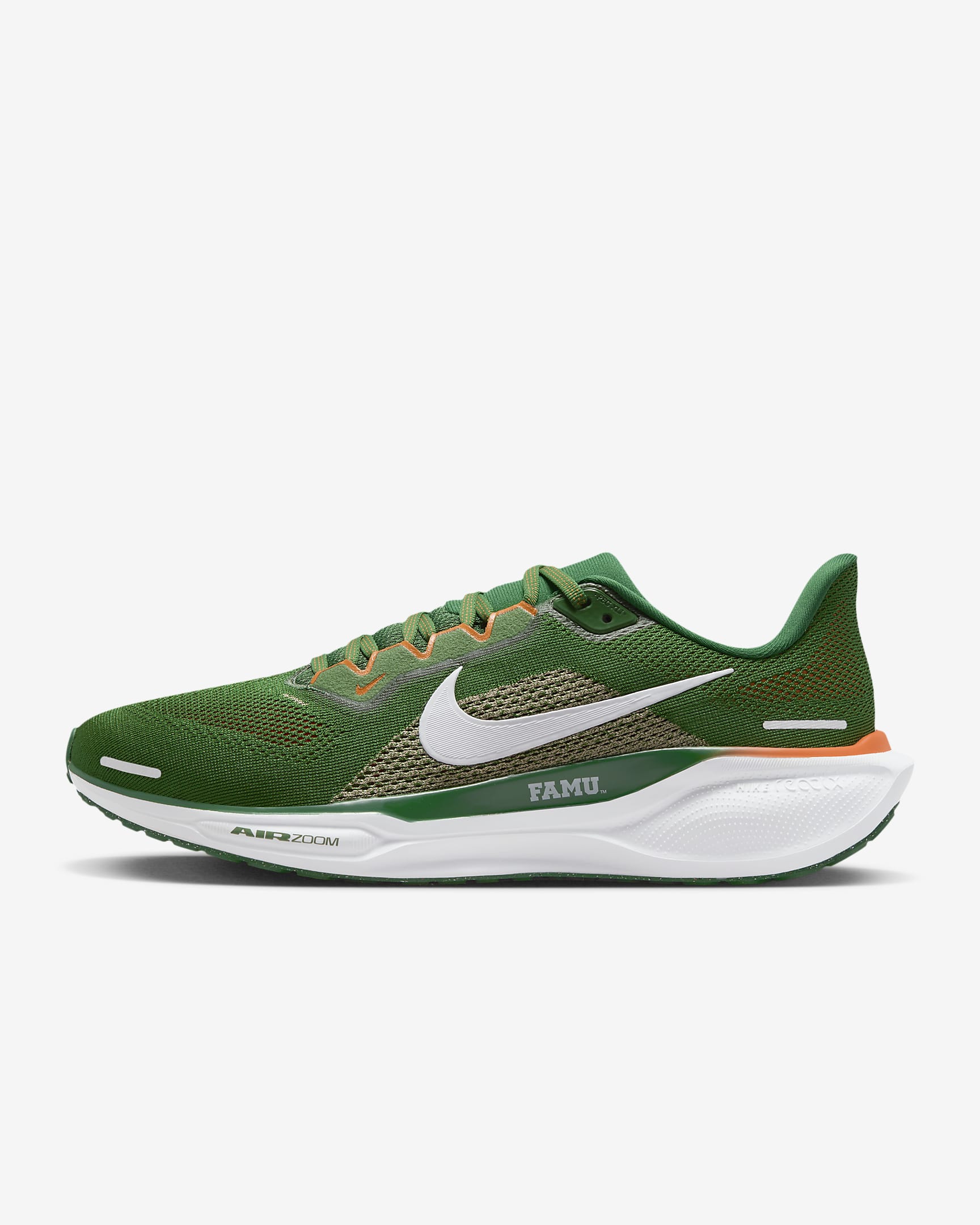 Tenis de correr en pavimento universitarios Nike para hombre FAMU Pegasus 41 - Verde fortaleza/Blanco/Naranja horizonte/Blanco